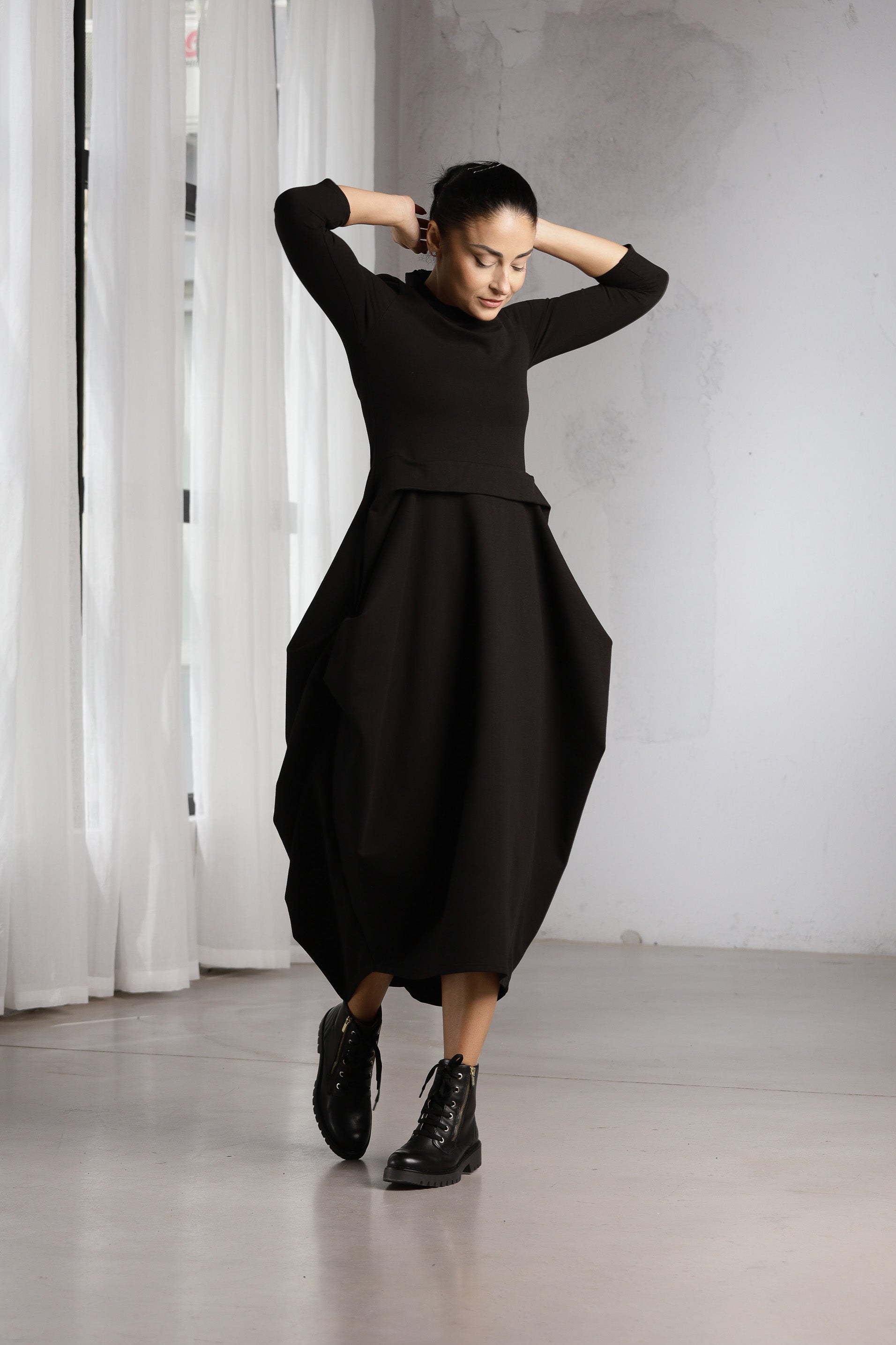 Black Avant-Garde Dress – Sculptural Oversized Midi Dress