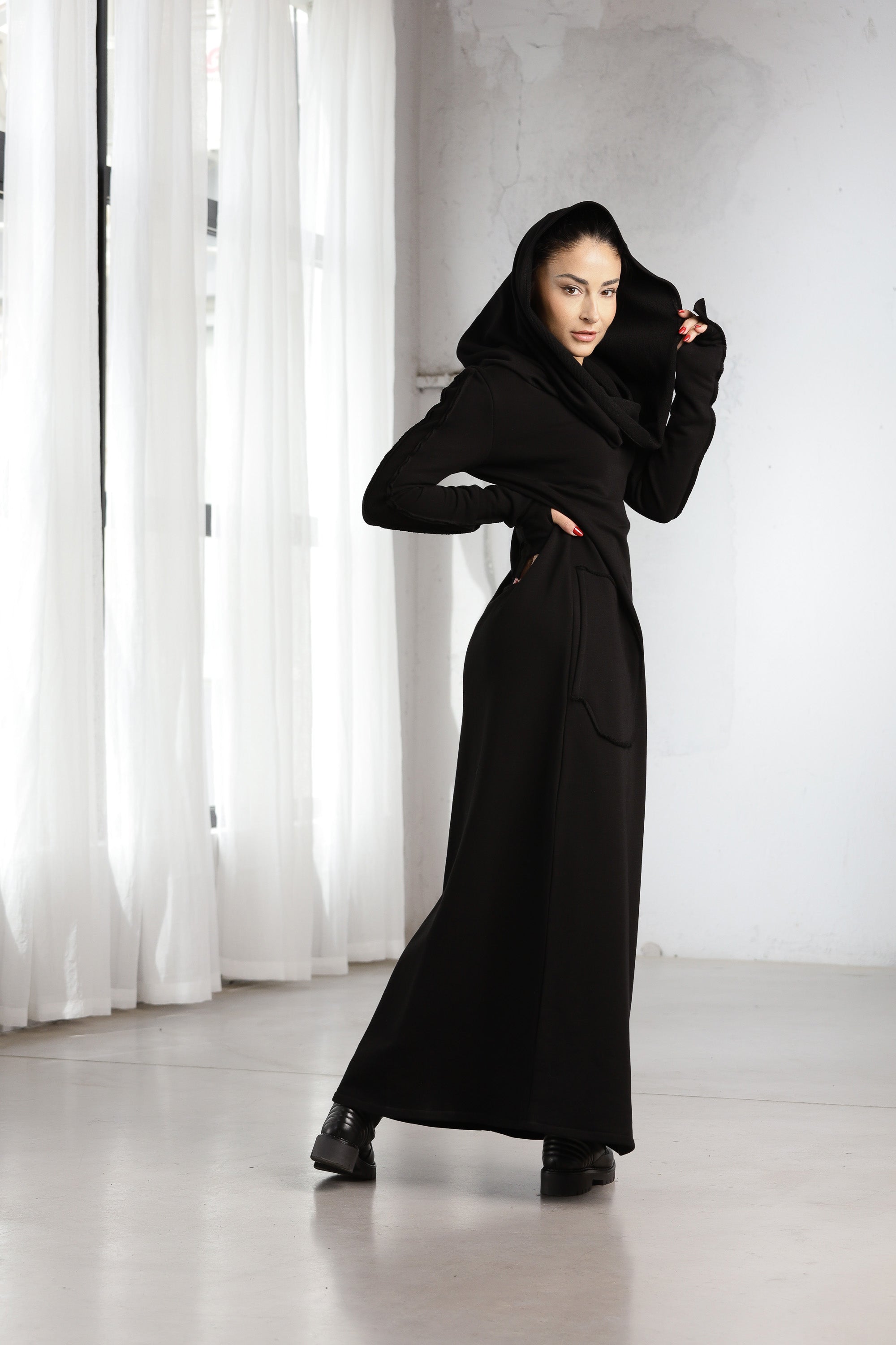 Black Hooded Maxi Dress – Minimalist Gothic Sweatshirt Dress