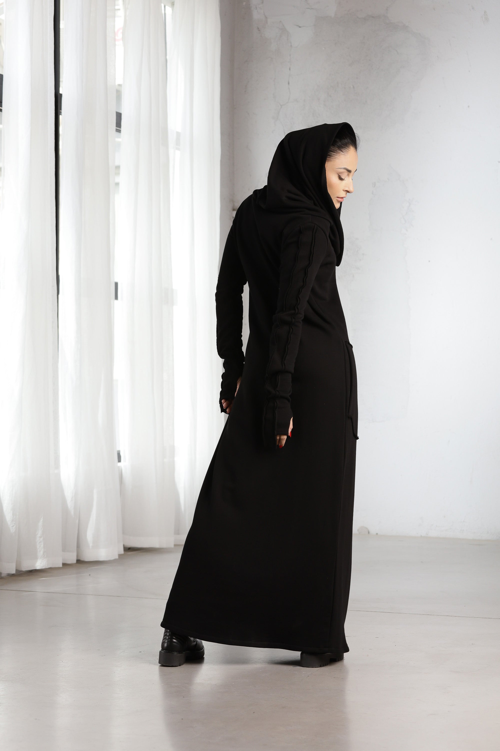 Black Hooded Maxi Dress – Minimalist Gothic Sweatshirt Dress