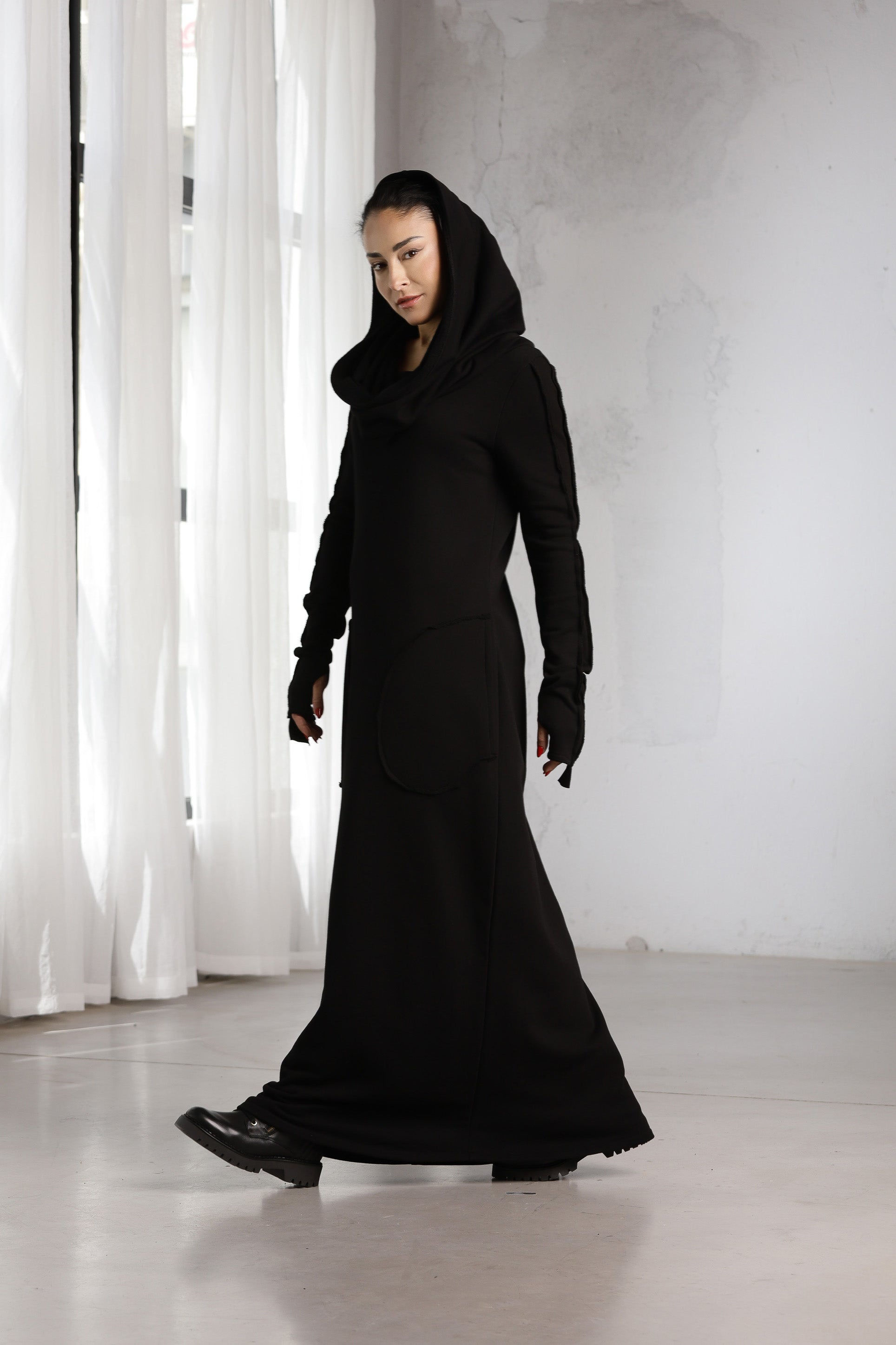 Black Hooded Maxi Dress – Minimalist Gothic Sweatshirt Dress