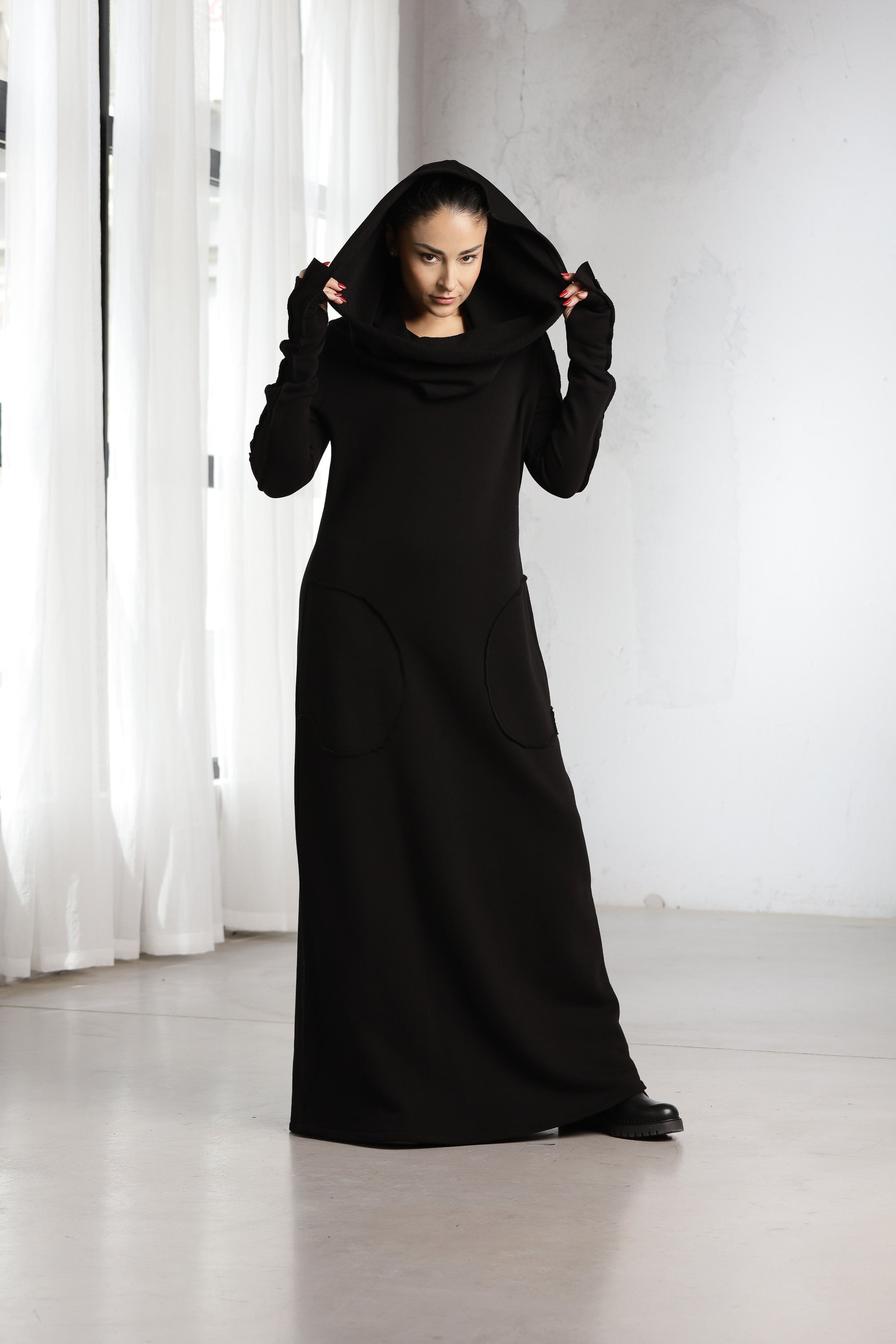 Black Hooded Maxi Dress – Minimalist Gothic Sweatshirt Dress