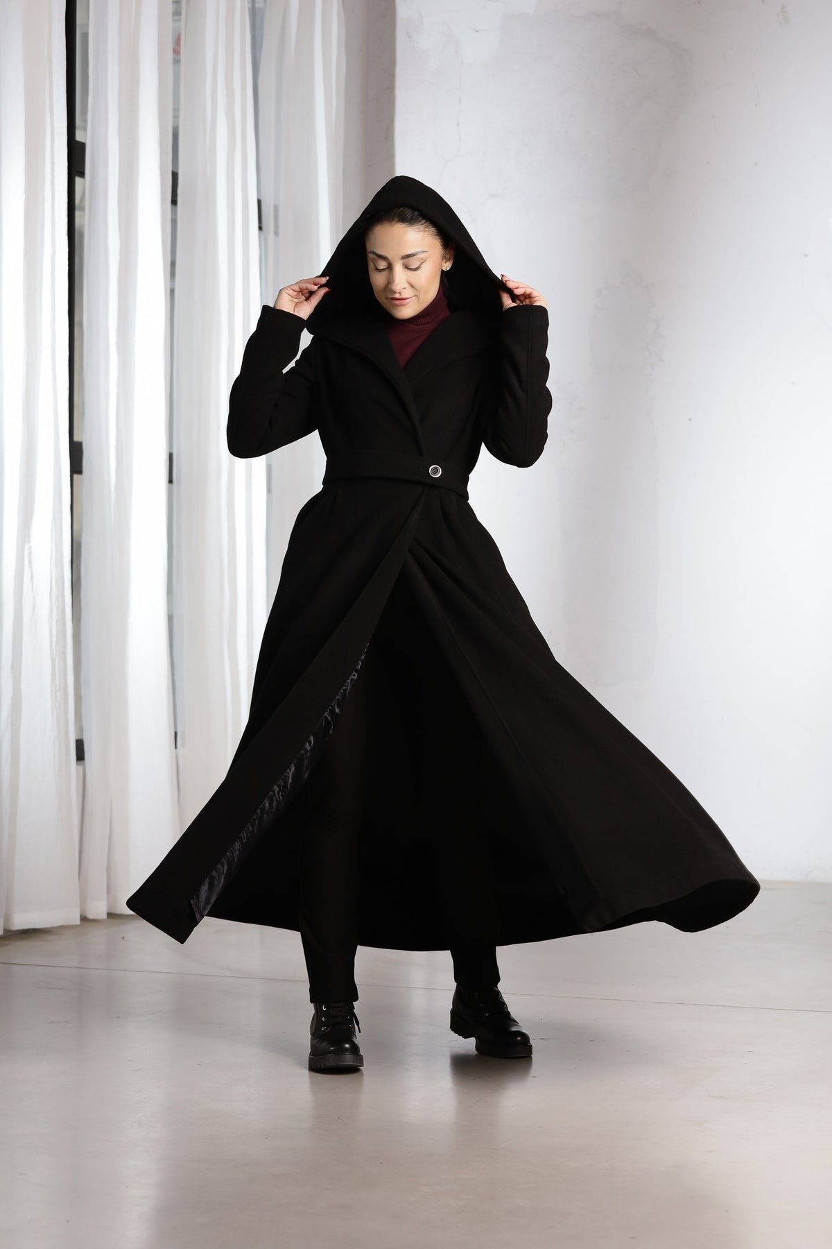 Black Hooded Wrap Coat – Elegant Full-Length Flared Wool Coat for Women