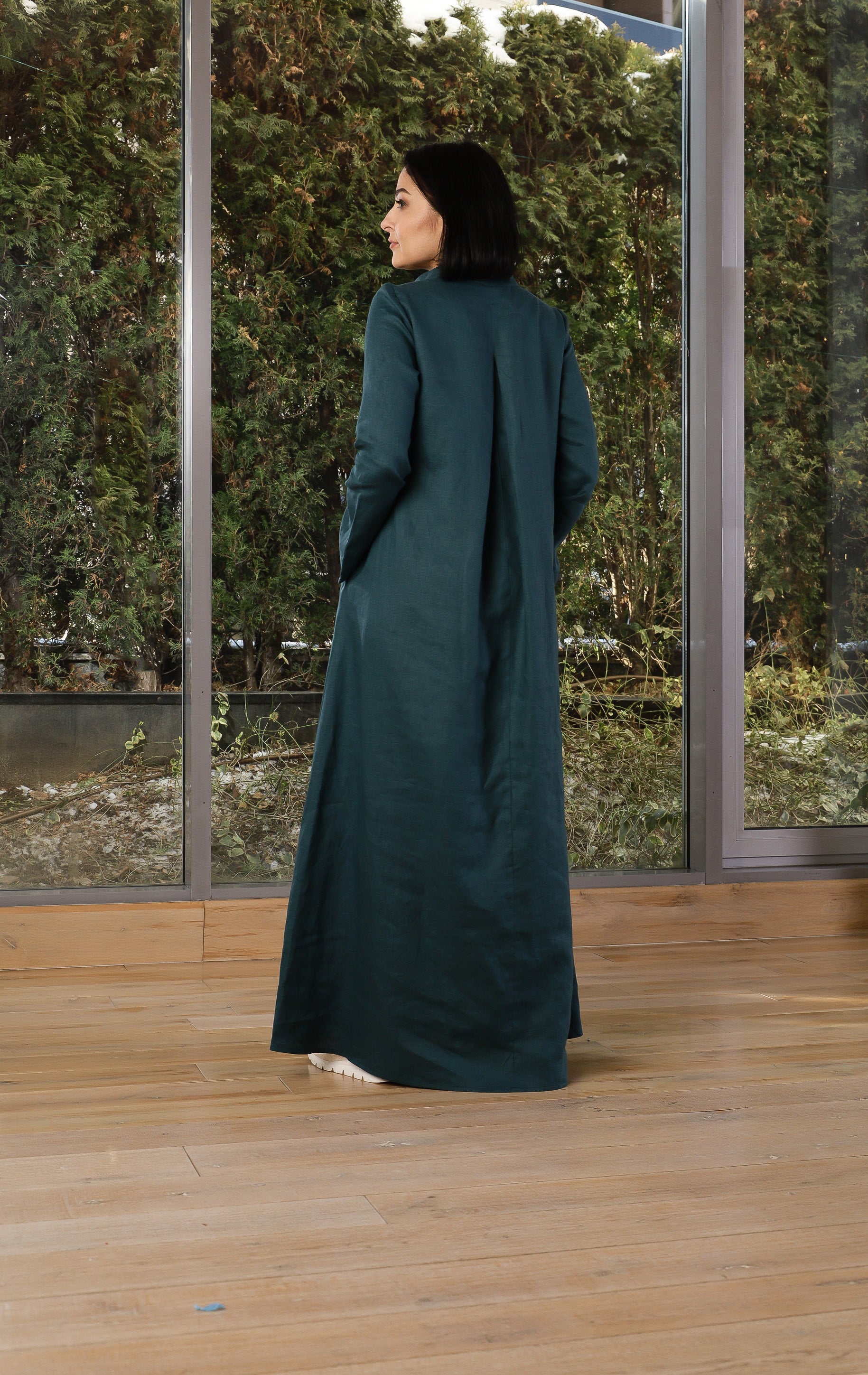 Dark Teal Linen Maxi Dress – Loose Long Sleeve Kaftan Dress