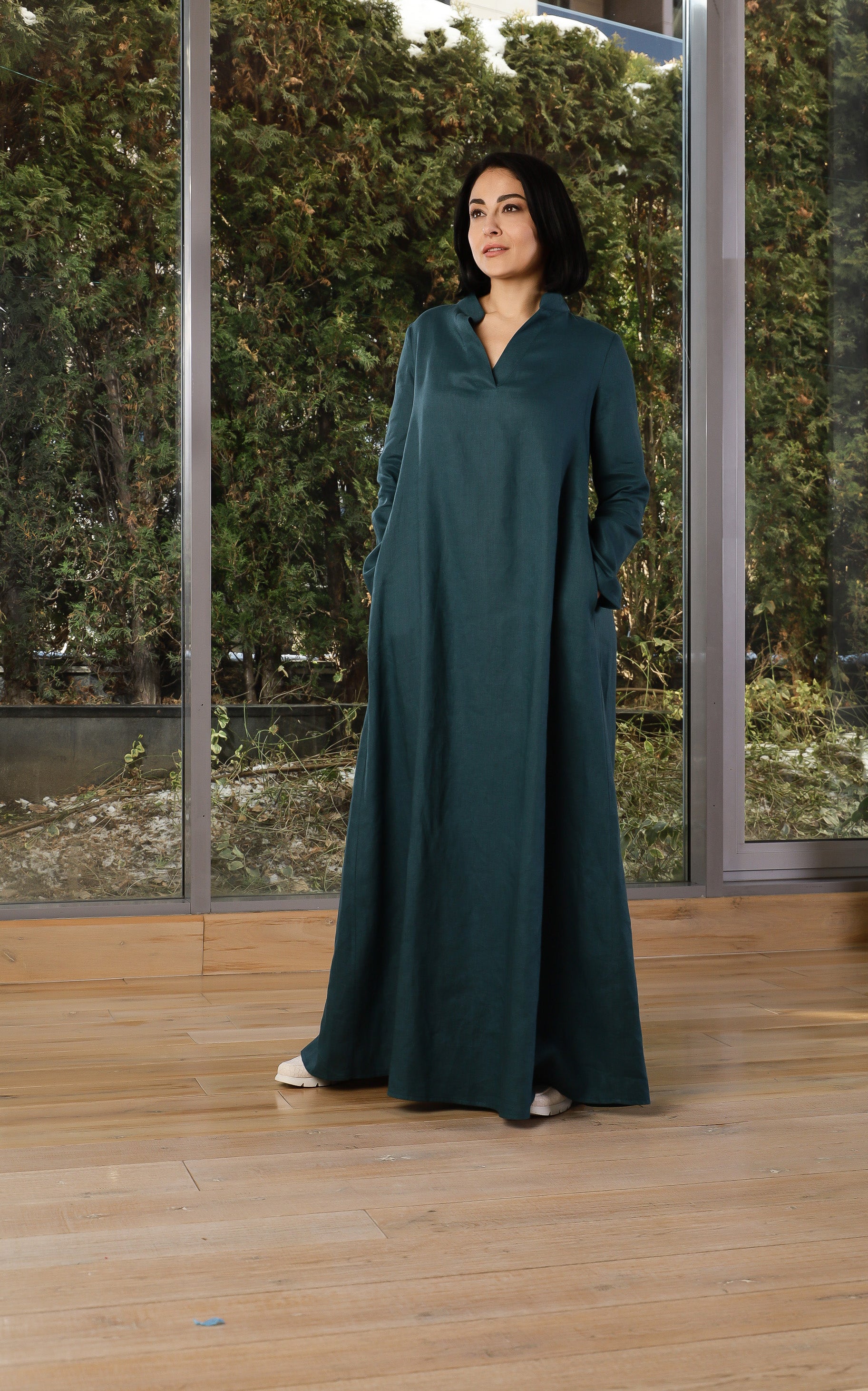Dark Teal Linen Maxi Dress – Loose Long Sleeve Kaftan Dress
