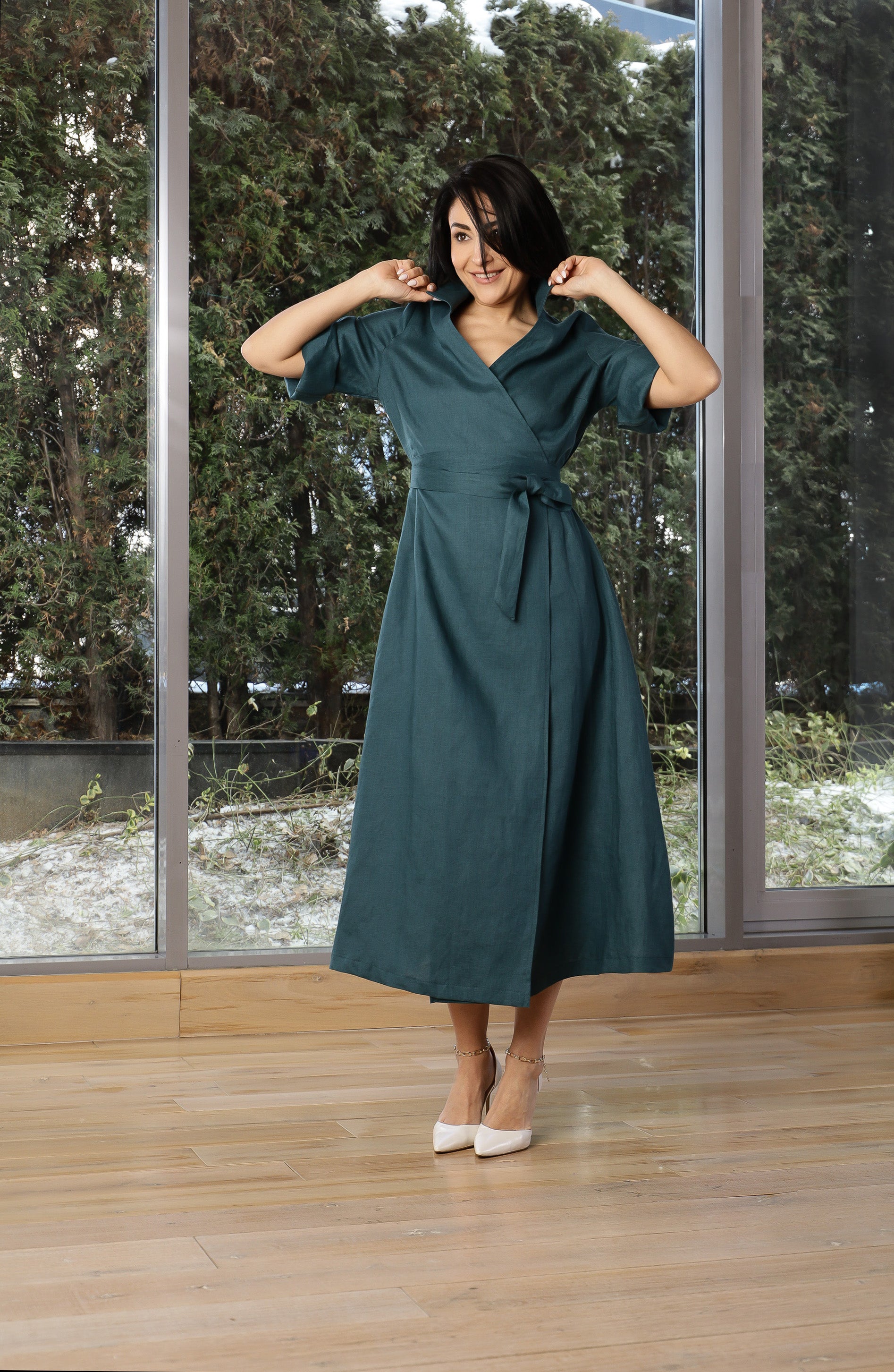 Dark Teal Linen Wrap Dress – Elegant Midi Linen Dress with Belt Purple Magenta (6) / M / 100% Linen