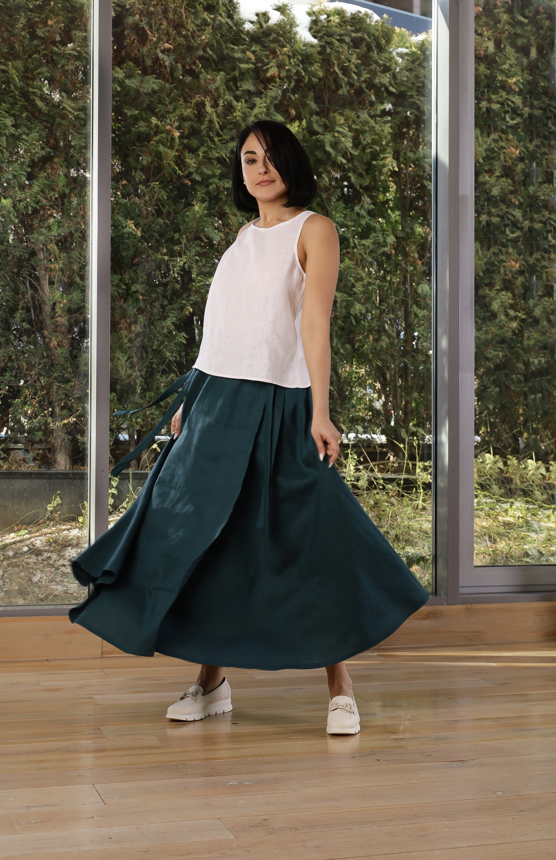 Dark Teal Linen Wrap Maxi Skirt for Women