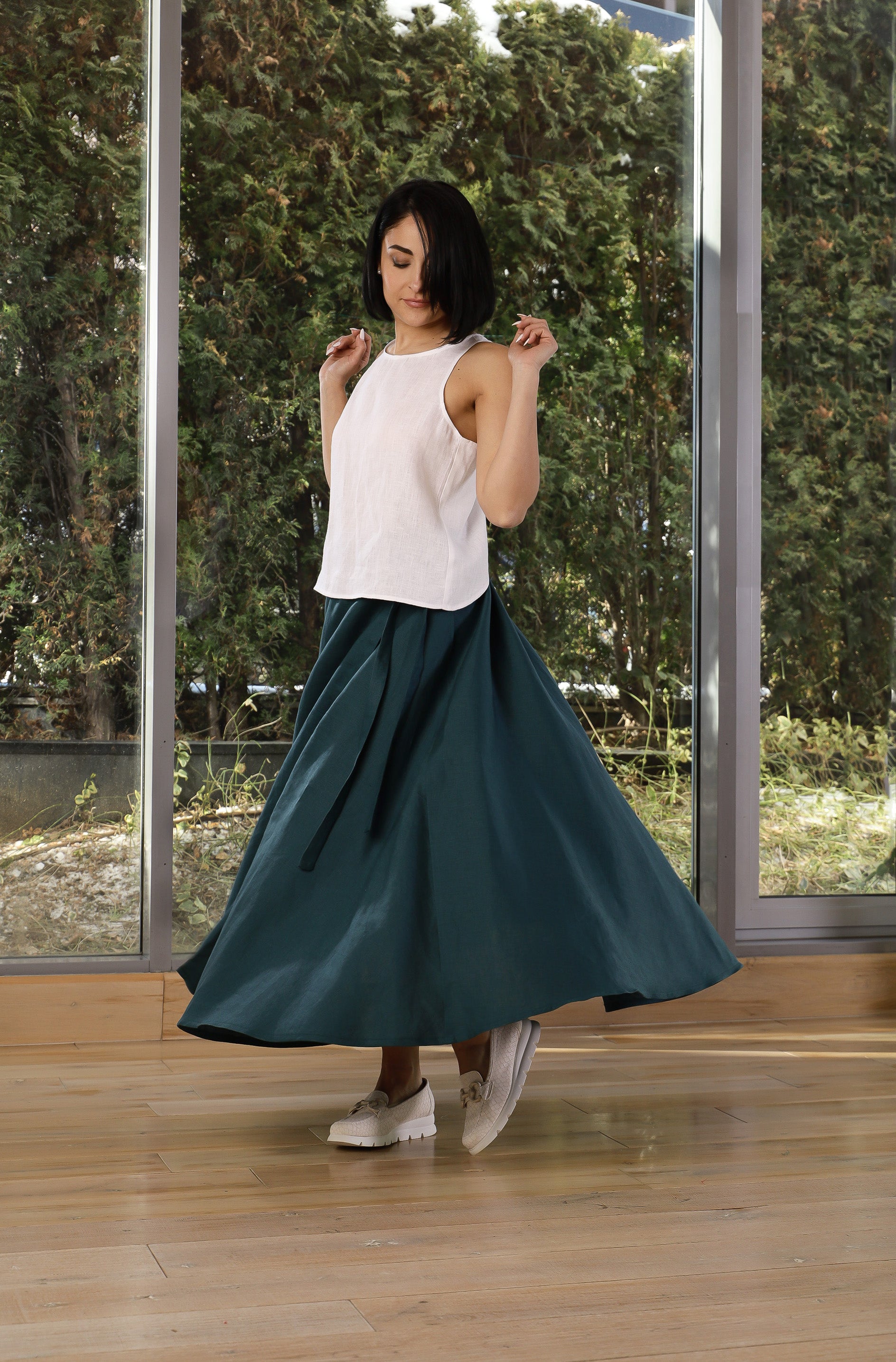 Dark Teal Linen Wrap Maxi Skirt for Women