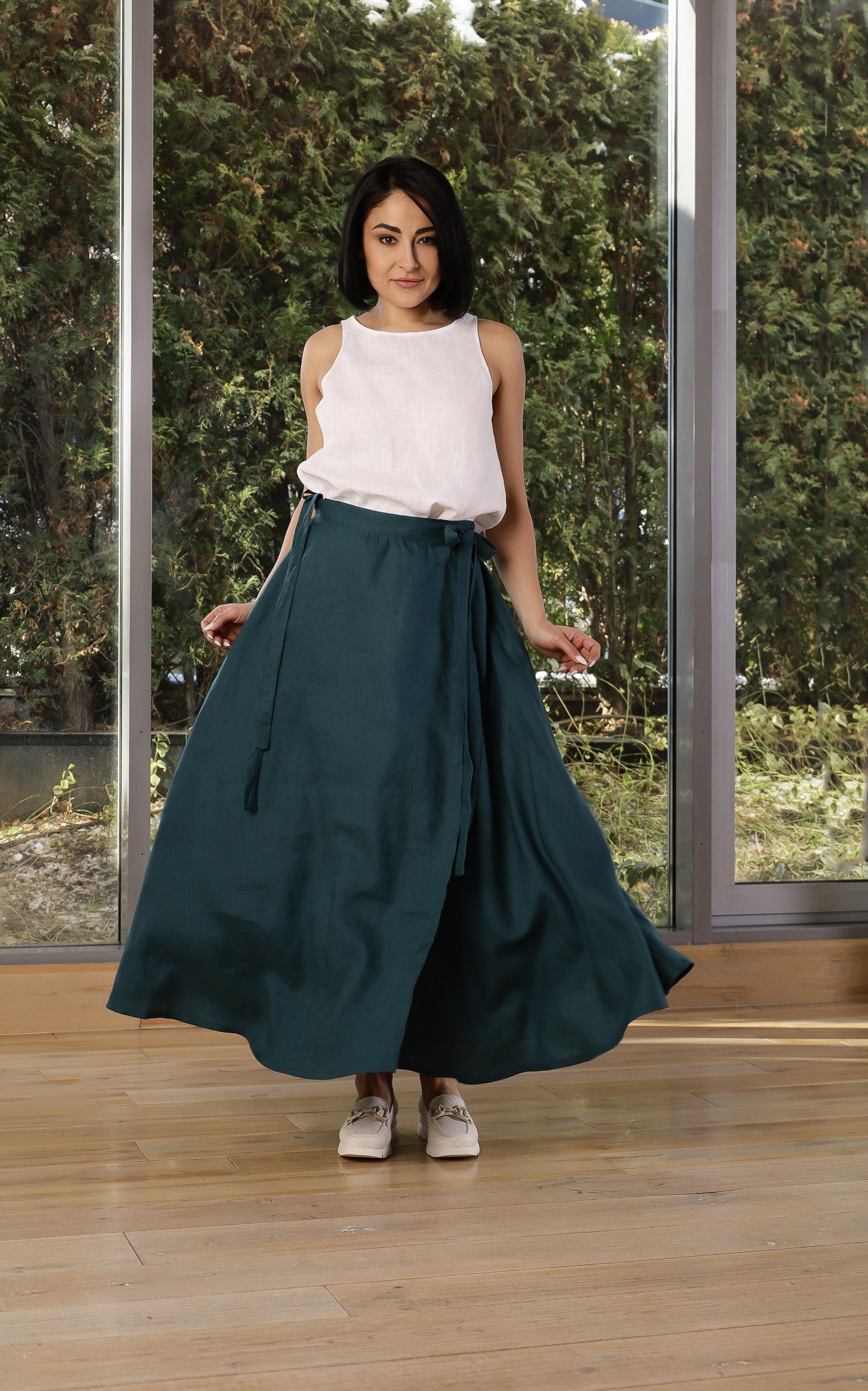 Dark Teal Linen Wrap Maxi Skirt for Women