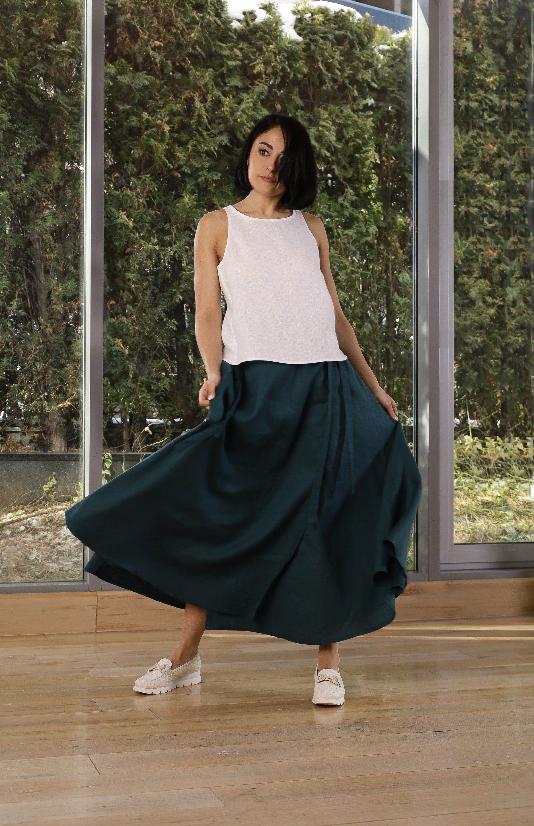 Dark Teal Linen Wrap Maxi Skirt for Women
