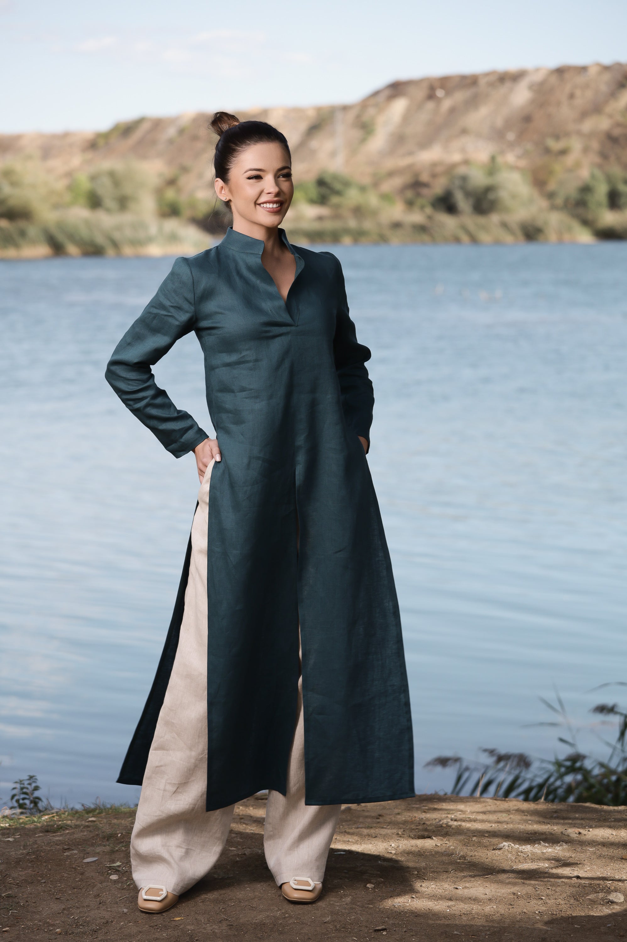 Deep Teal Linen Duster Dress – Long Layering Piece with Side Slits