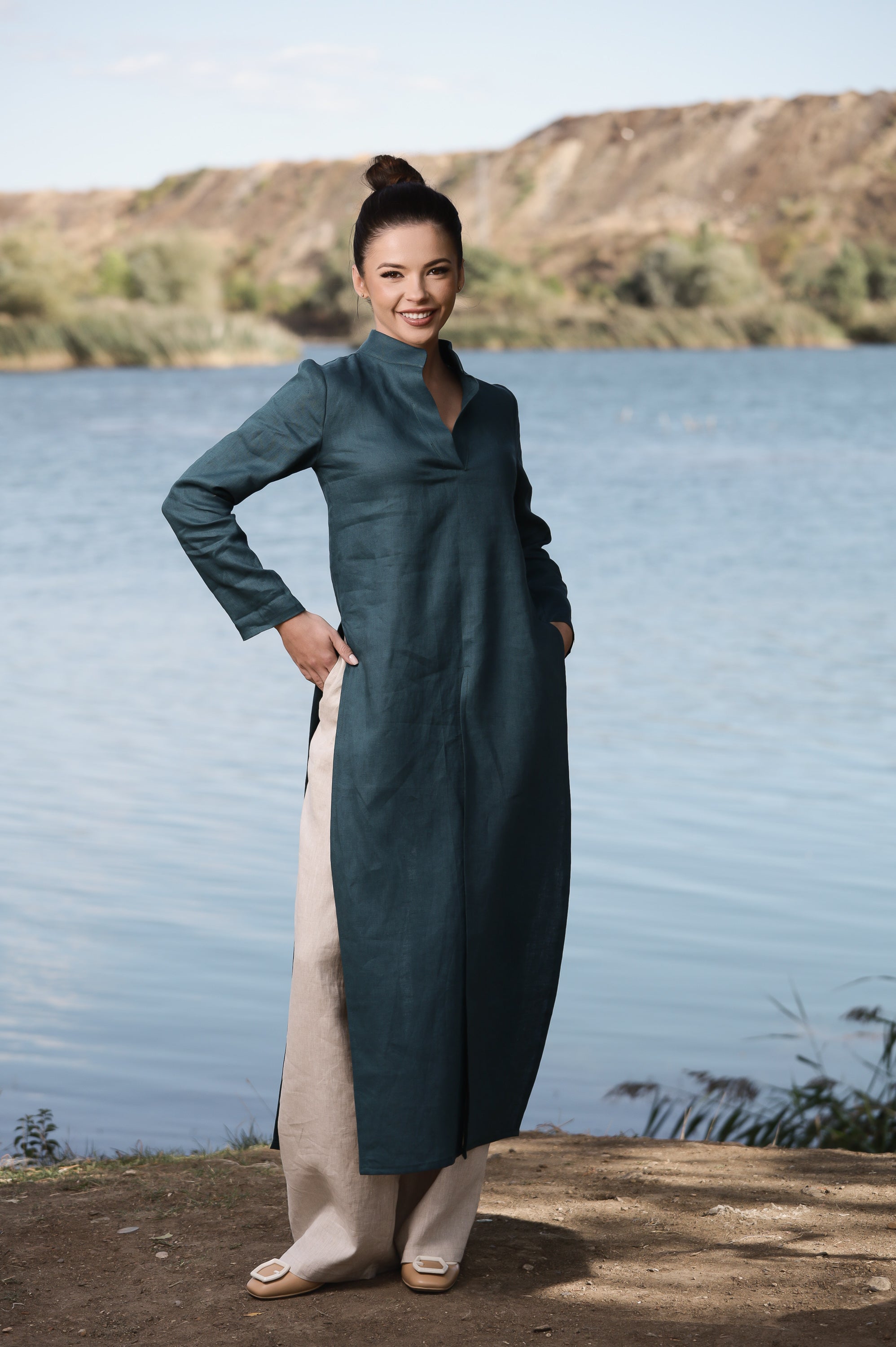 Deep Teal Linen Duster Dress – Long Layering Piece with Side Slits