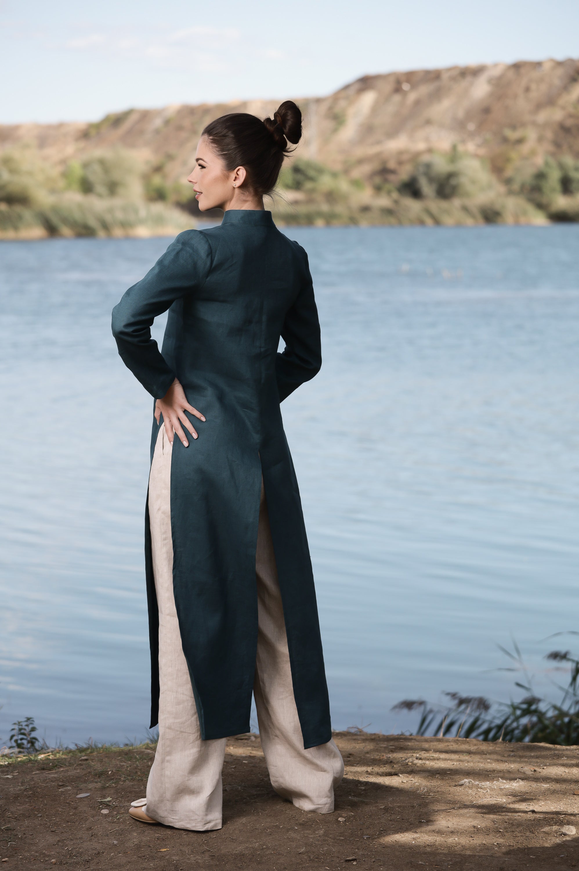 Deep Teal Linen Duster Dress – Long Layering Piece with Side Slits
