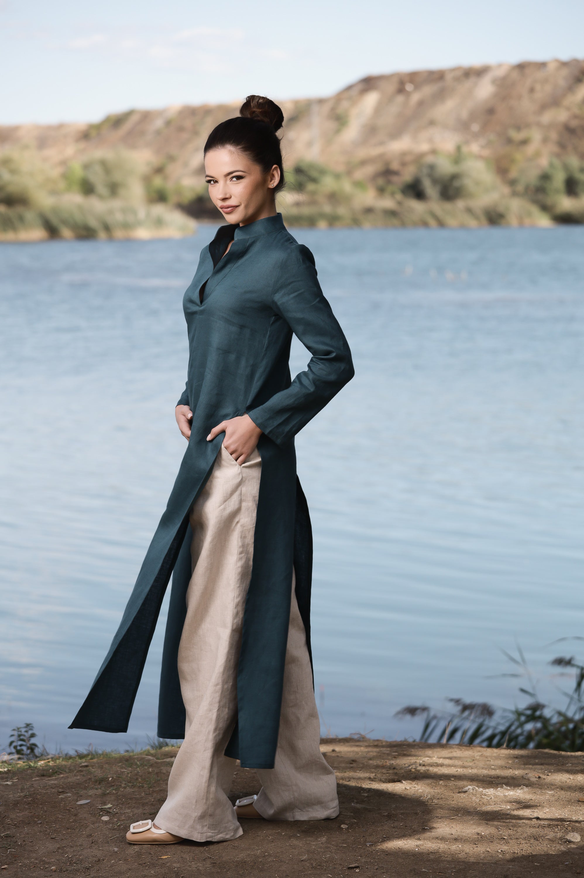 Deep Teal Linen Duster Dress – Long Layering Piece with Side Slits