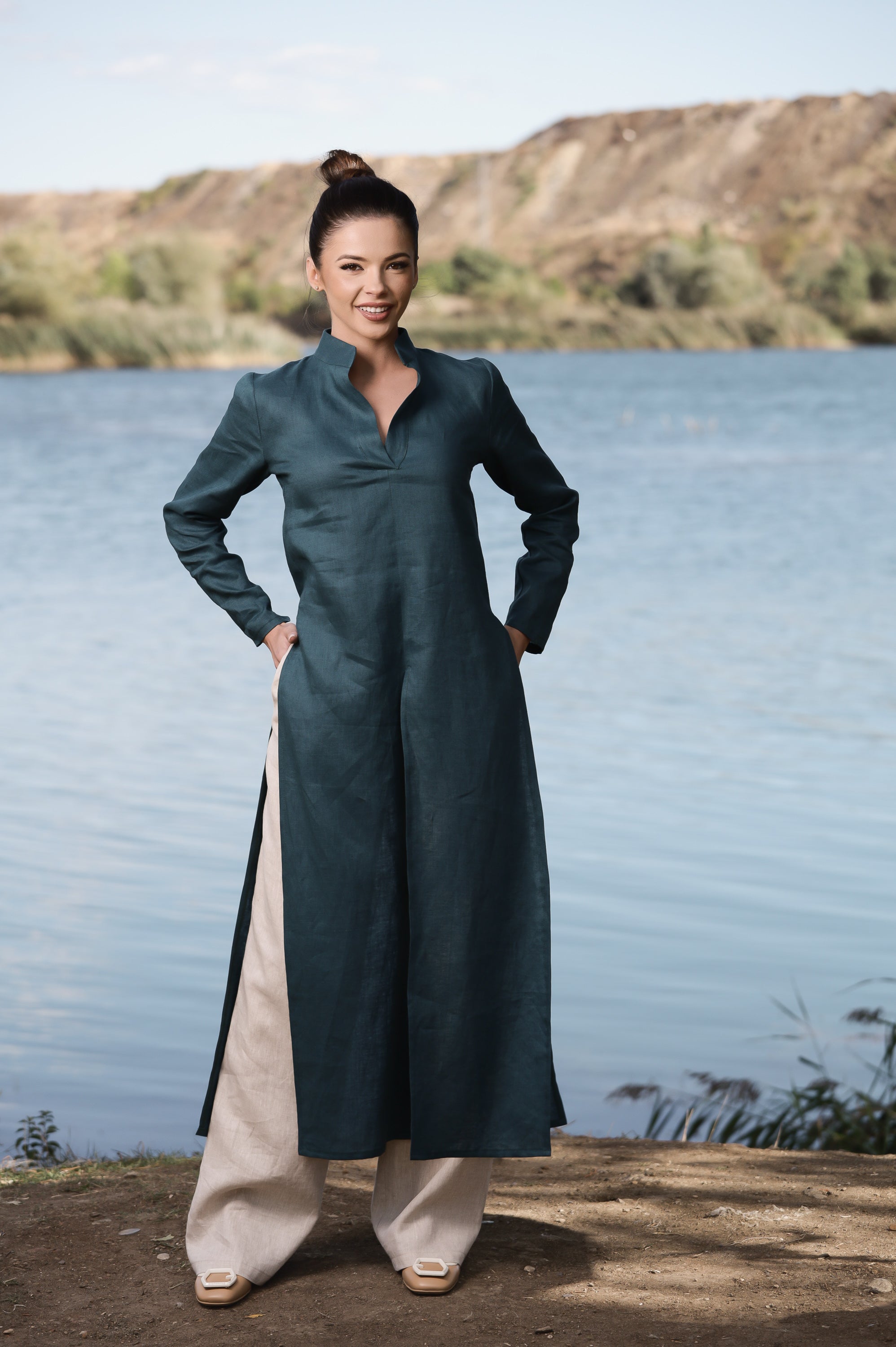 Deep Teal Linen Duster Dress – Long Layering Piece with Side Slits