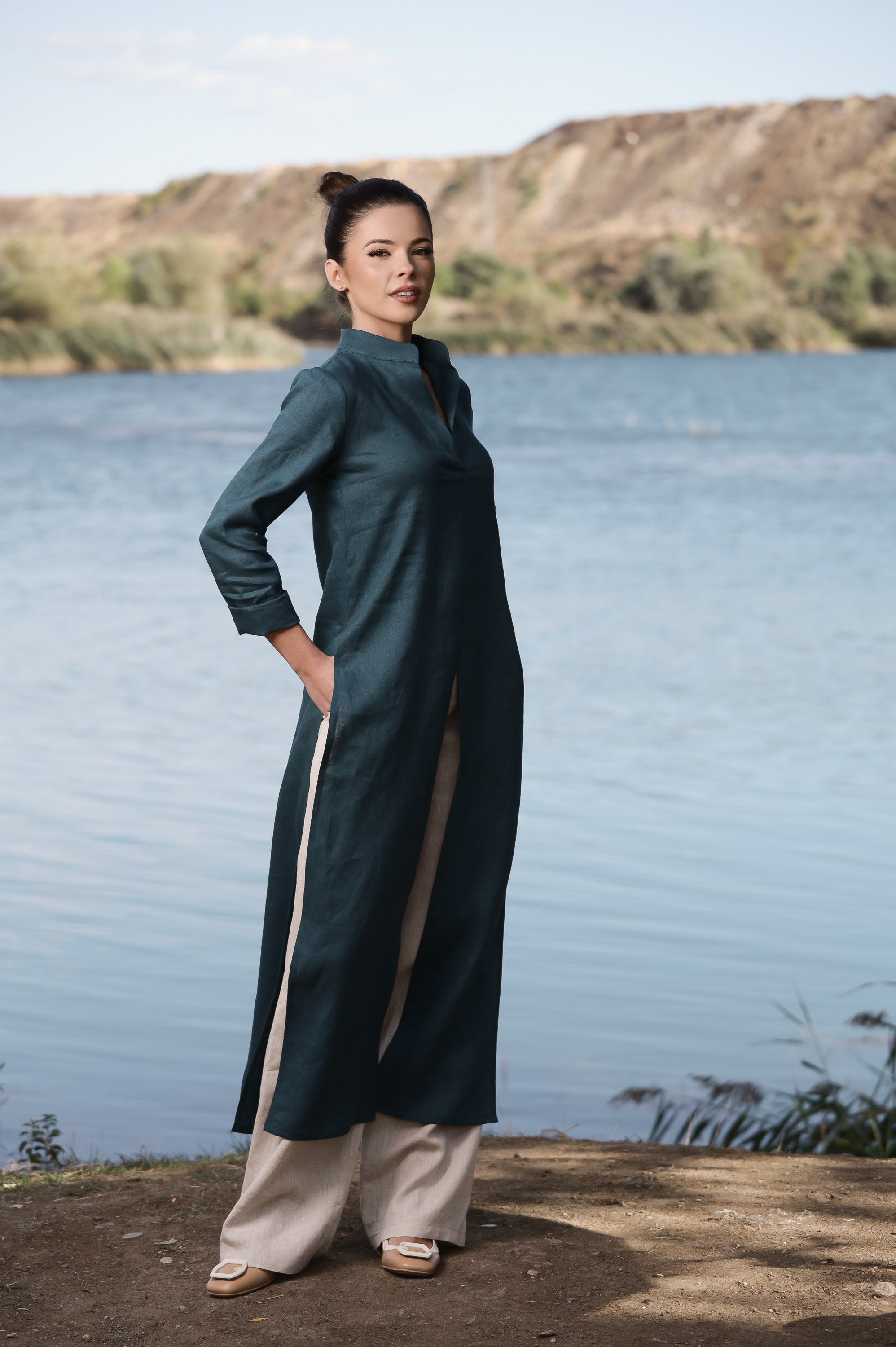Deep Teal Linen Duster Dress – Long Layering Piece with Side Slits