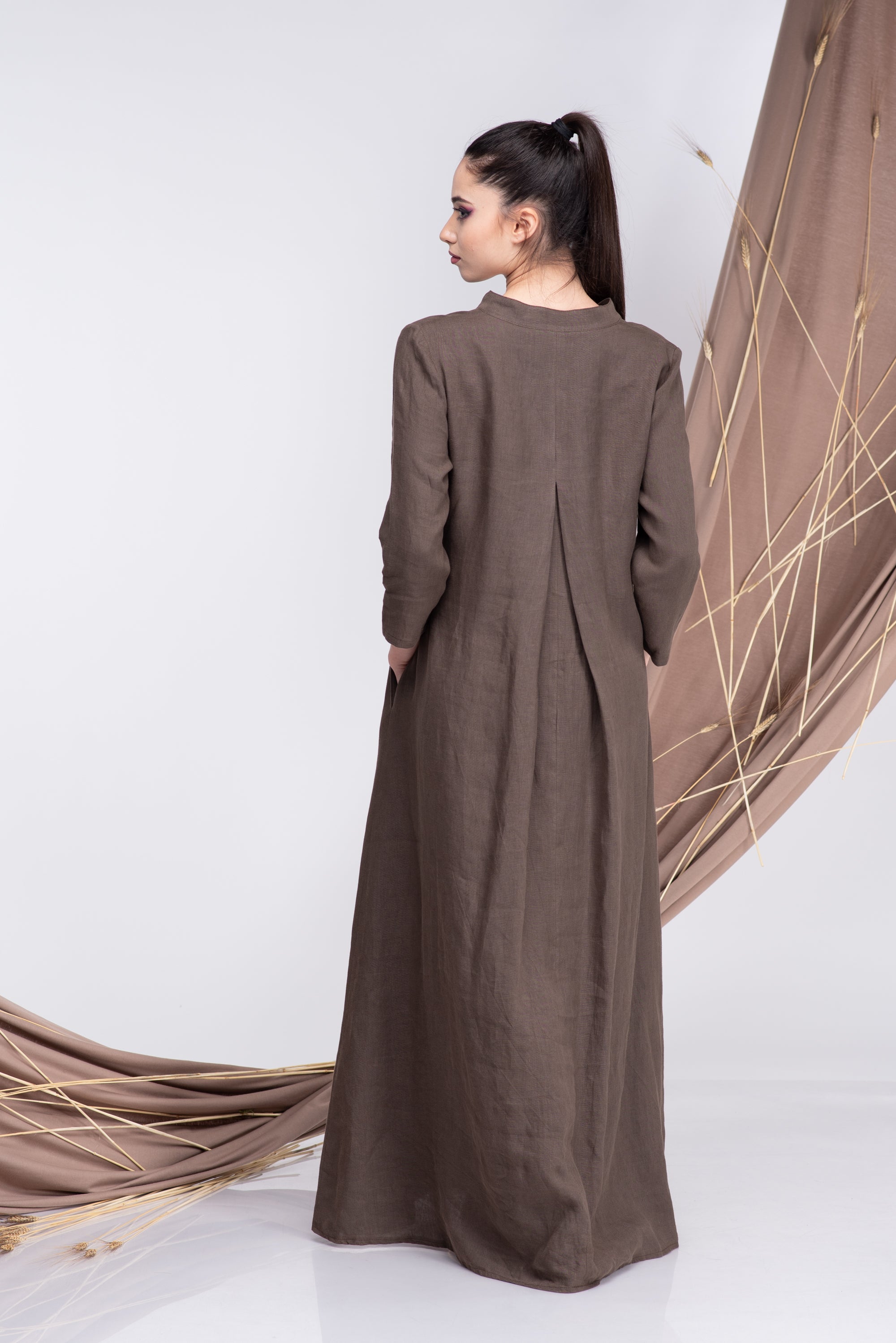 Dusty Blue Linen Maxi Dress – Long Sleeve Relaxed Fit Dress with Split Neck