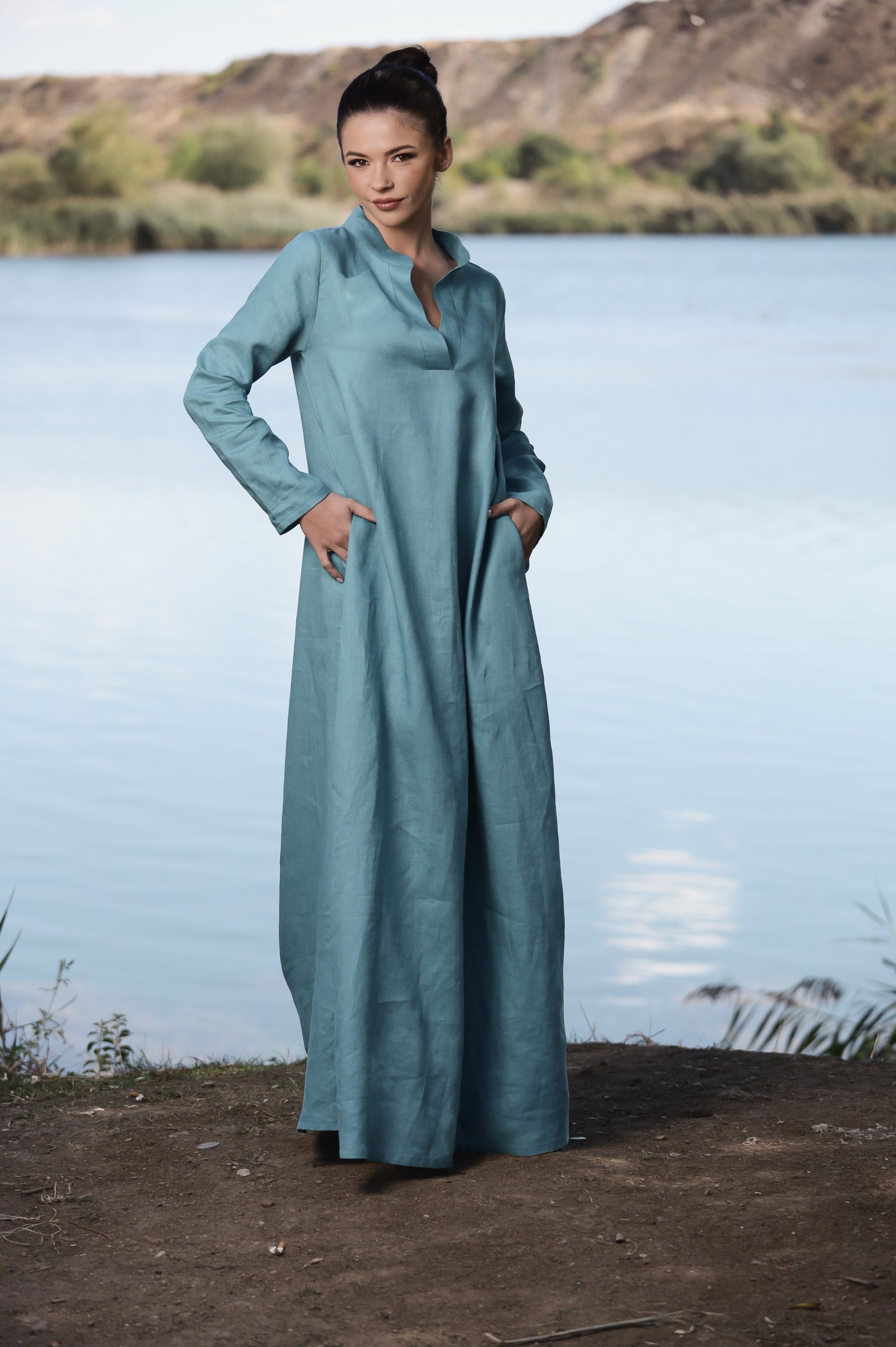 Dusty Blue Linen Maxi Dress – Long Sleeve Relaxed Fit Dress with Split Neck