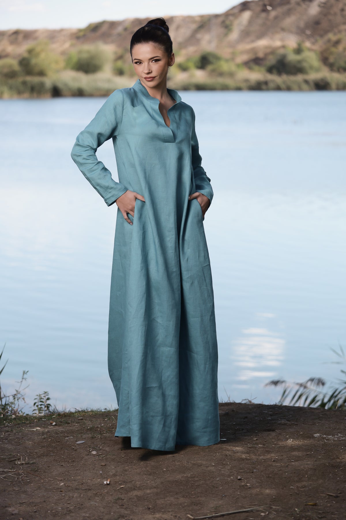 long sleeve maxi dress linen Dusty Blue – Relaxed Fit Dress with Split V Neck A-line/Princess Full/Long stylish black dress Suitable for any time Color:H Navy