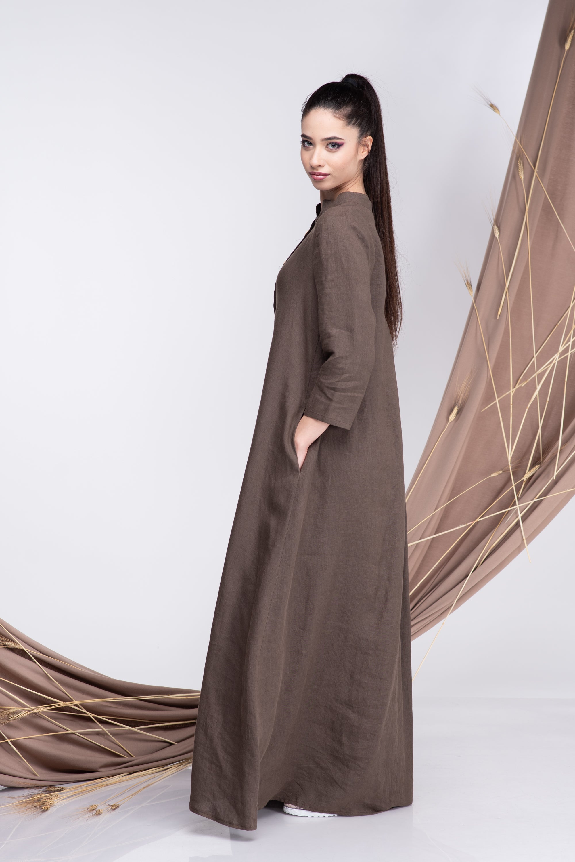 Dusty Blue Linen Maxi Dress – Long Sleeve Relaxed Fit Dress with Split Neck