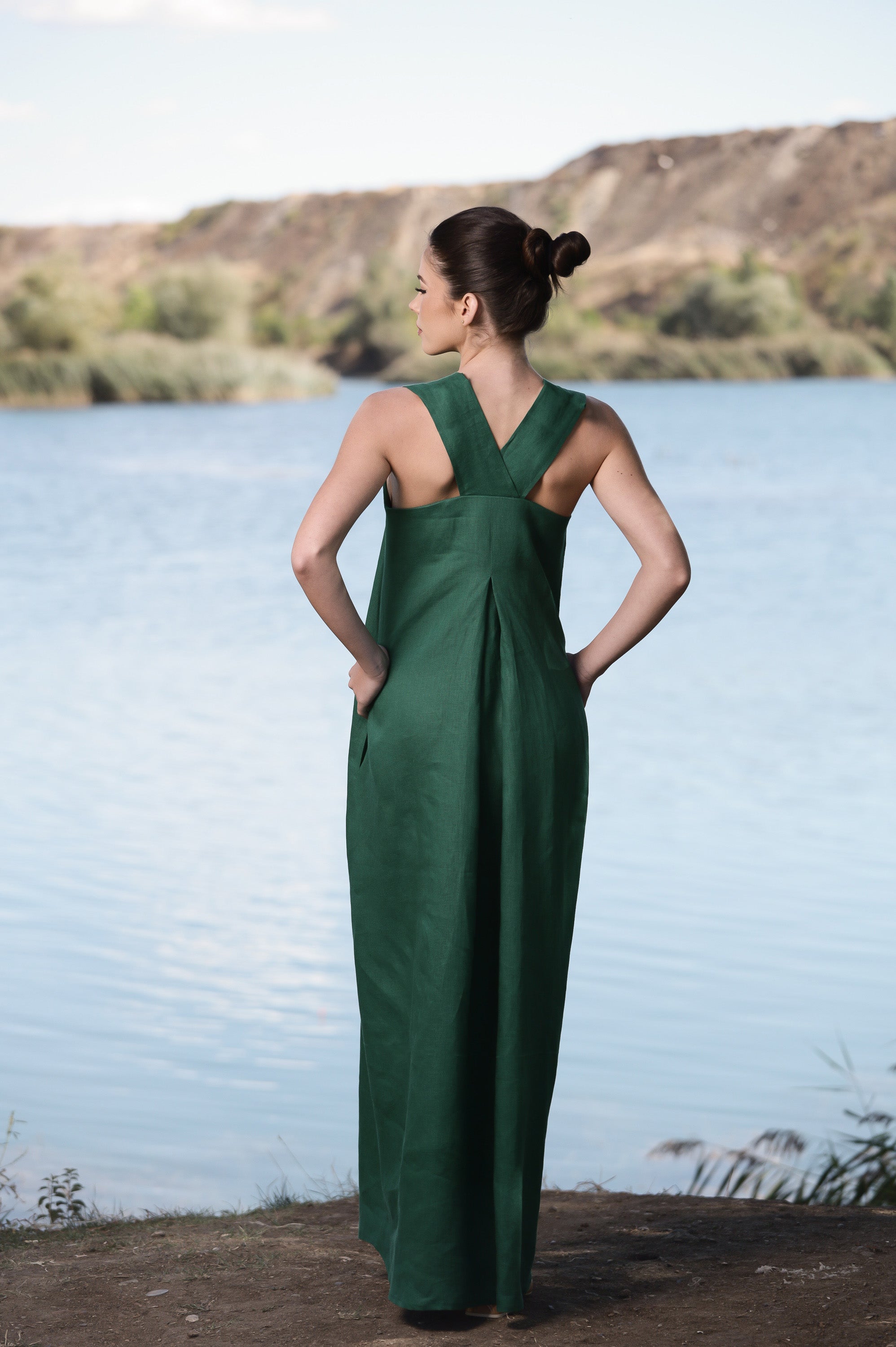 Forest Green Linen Sundress – Relaxed Maxi Dress with Cross Back Detail