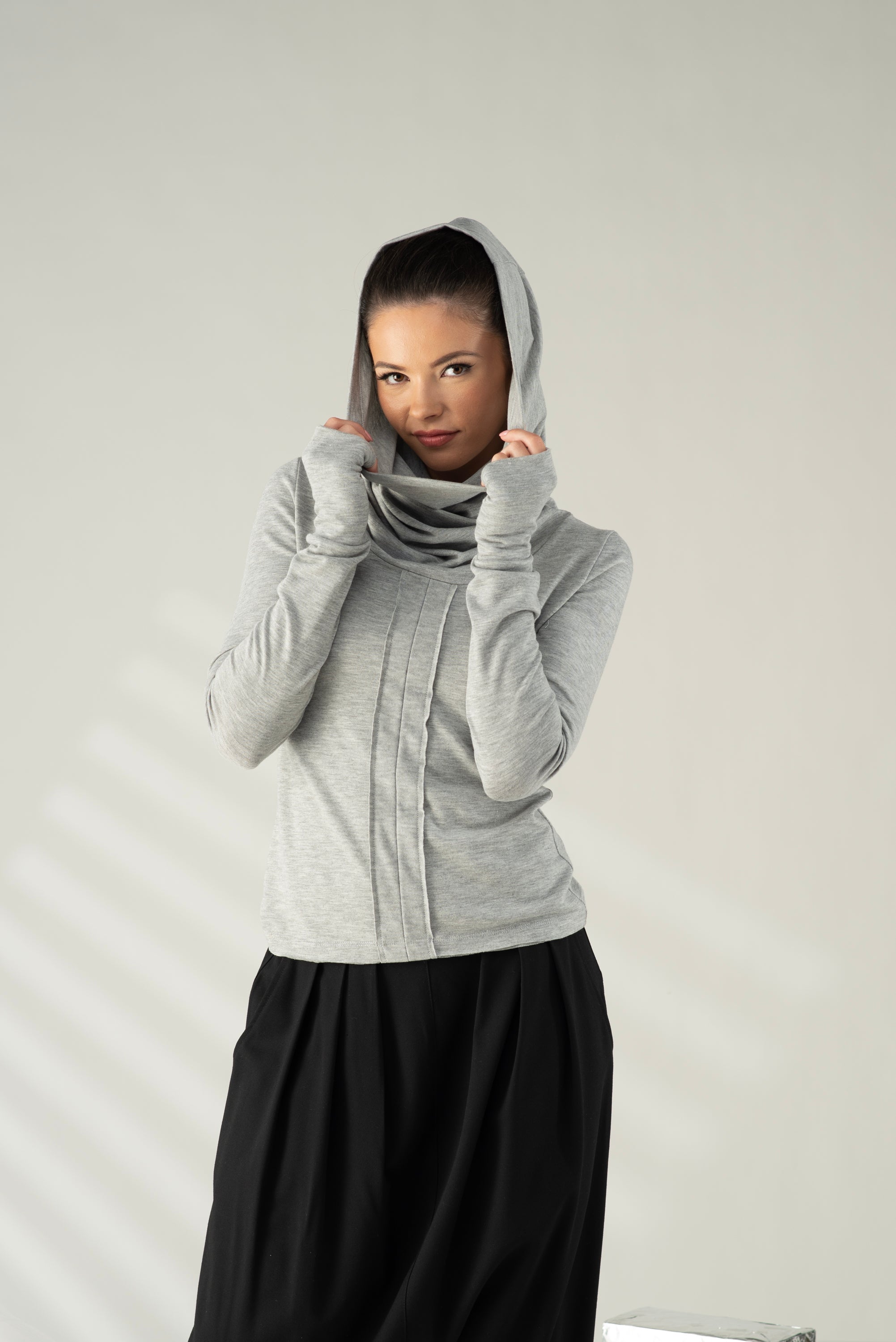 Gray Hooded Top – Minimalist Cowl Neck Blouse