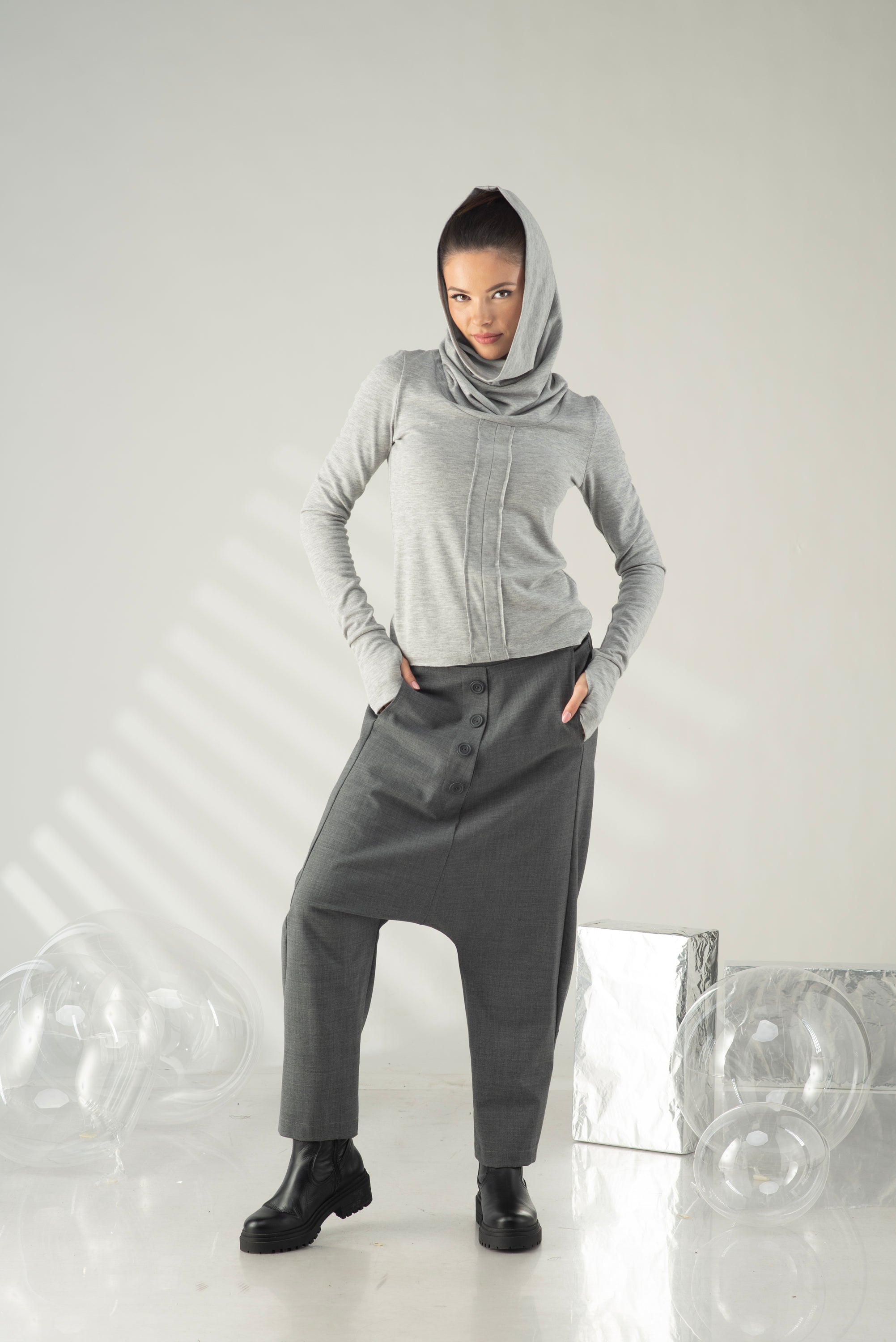 Gray Hooded Top – Minimalist Cowl Neck Blouse