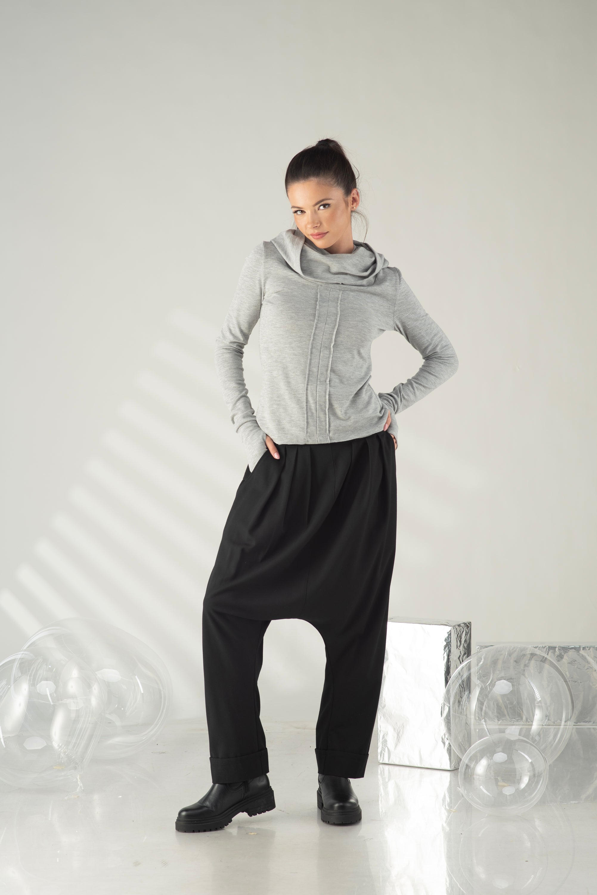 Gray Hooded Top – Minimalist Cowl Neck Blouse