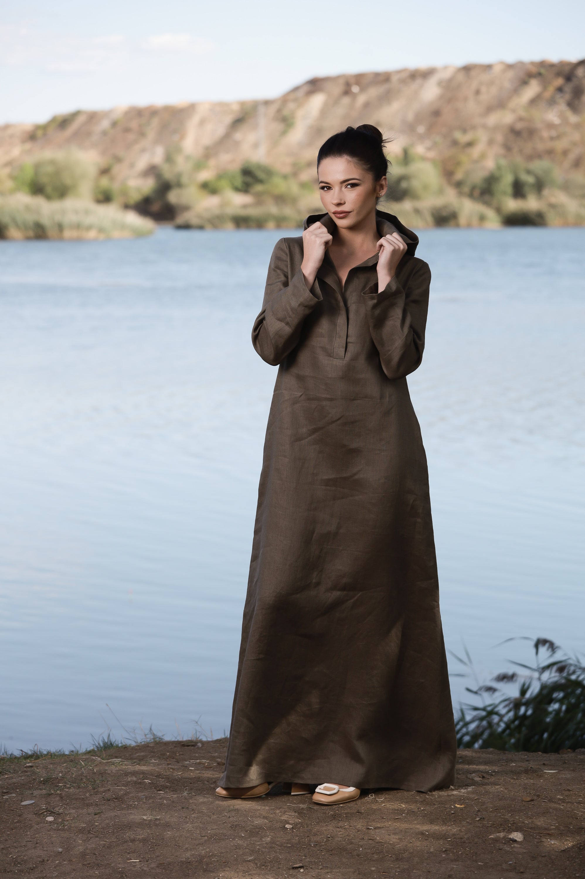 Hooded Linen Maxi Dress – Oversized Brown Linen Dress