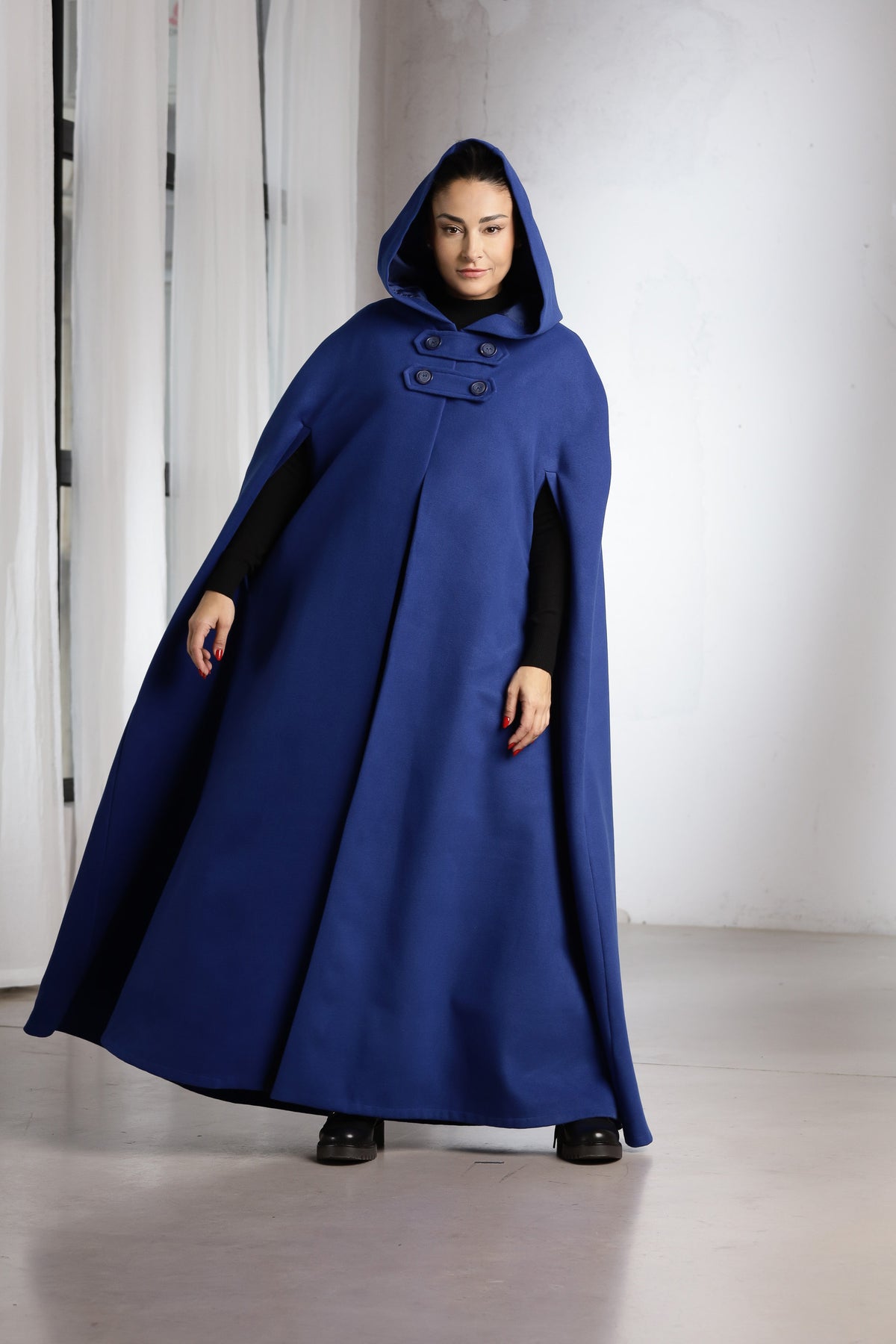 Hooded Wool Cape Coat – Long Royal Blue Winter Cape with Button Closure