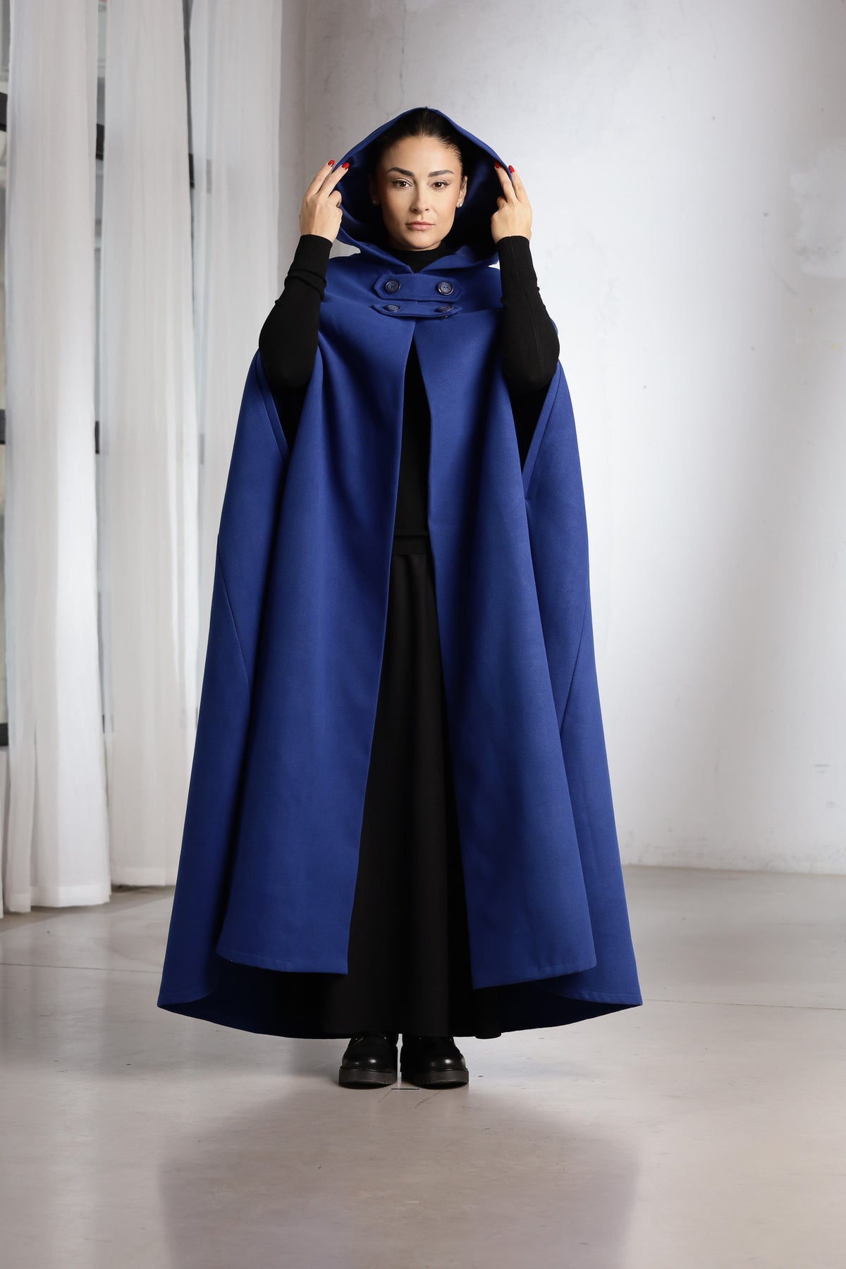 Hooded Wool Cape Coat – Long Royal Blue Winter Cape with Button Closure