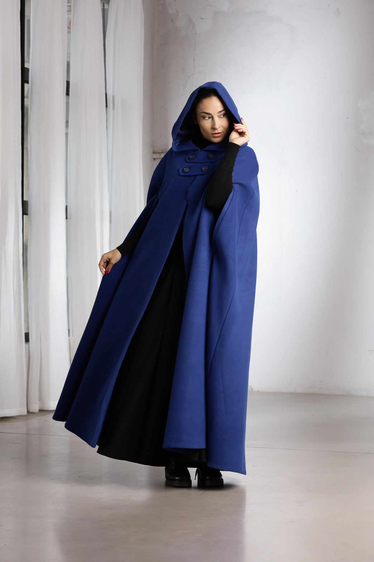 Hooded Wool Cape Coat – Long Royal Blue Winter Cape with Button Closure