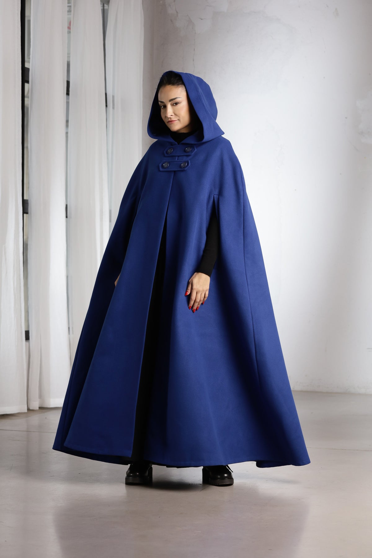 Hooded Wool Cape Coat – Long Royal Blue Winter Cape with Button Closure
