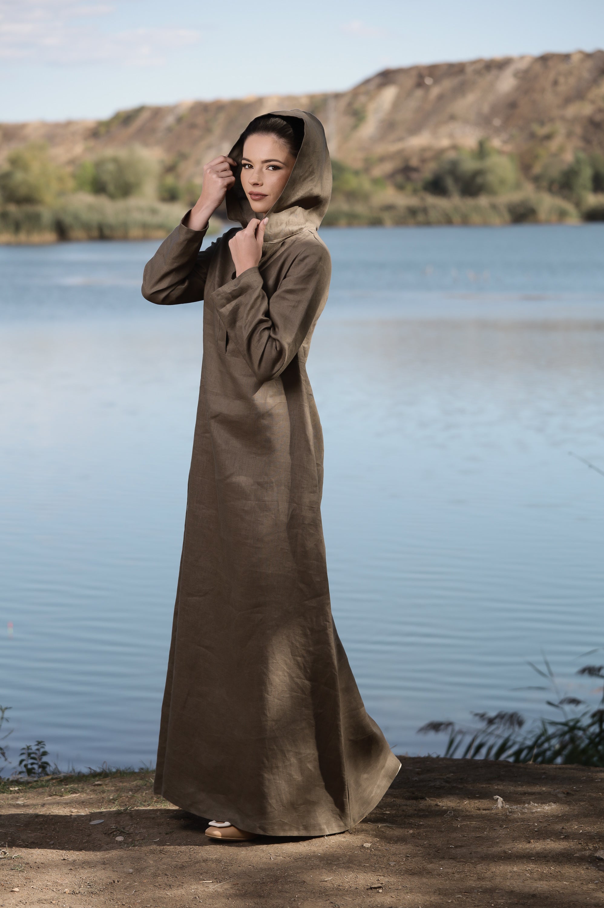 Hooded Linen Maxi Dress – Oversized Brown Linen Dress