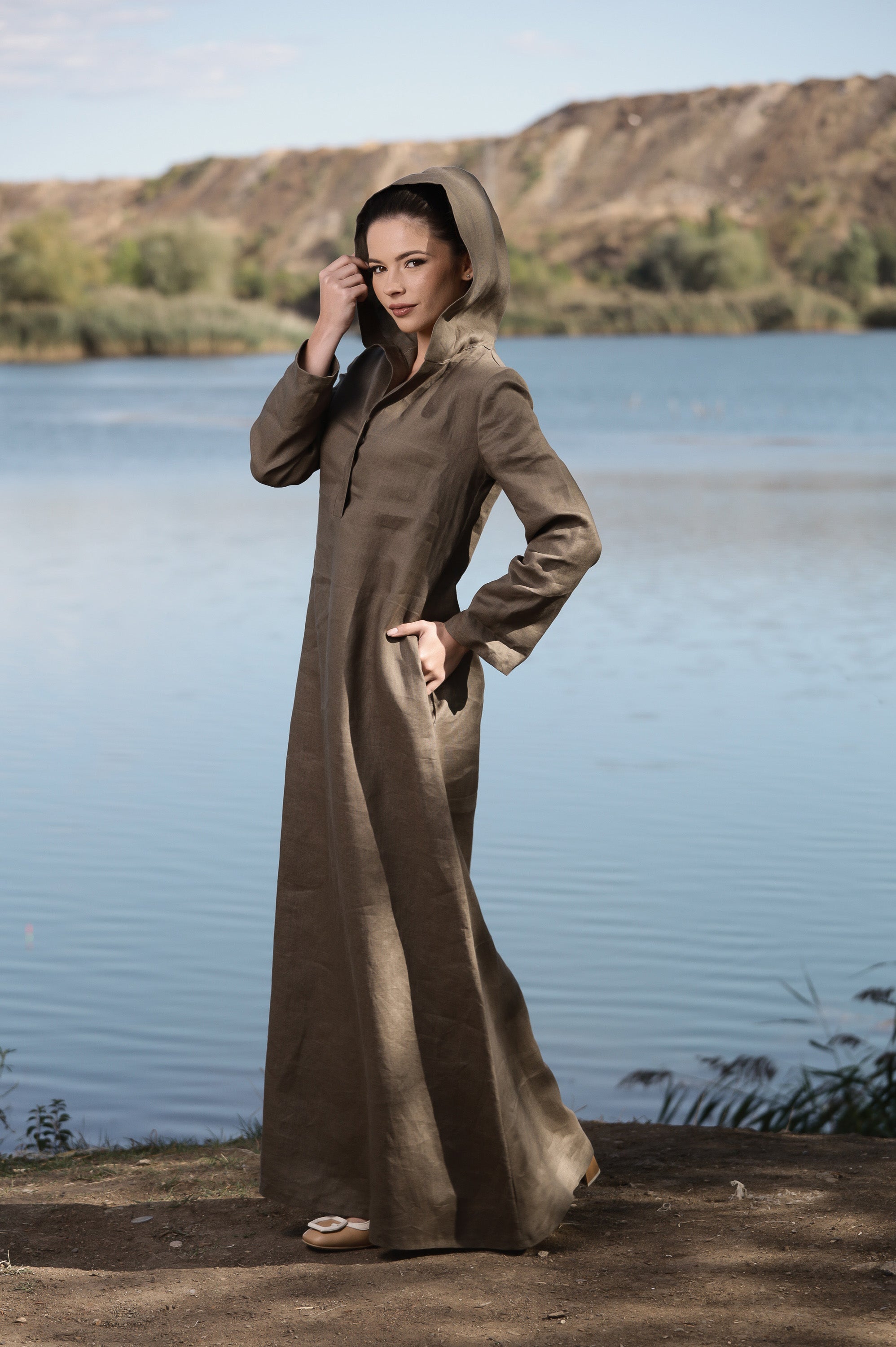 Hooded Linen Maxi Dress – Oversized Brown Linen Dress