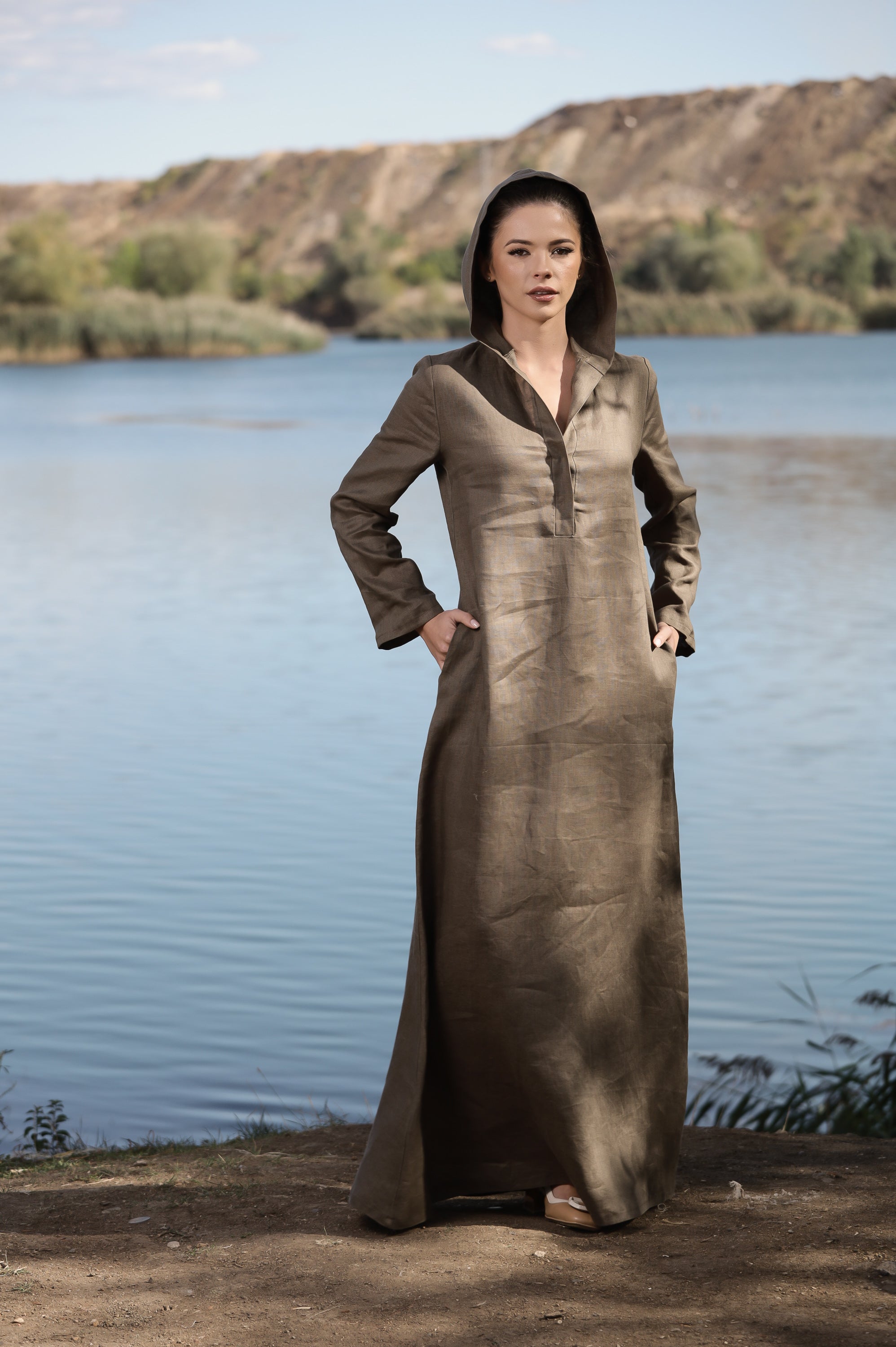 Hooded Linen Maxi Dress – Oversized Brown Linen Dress