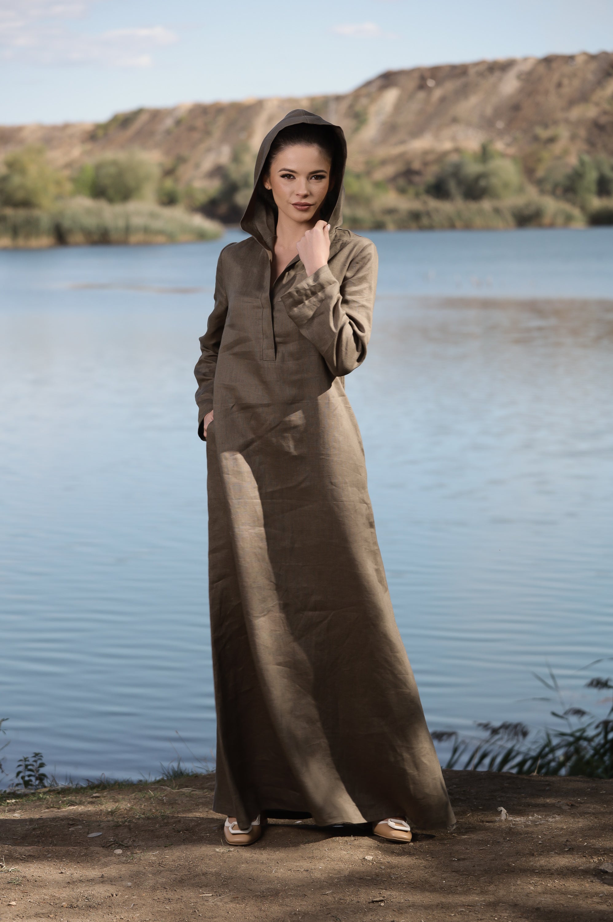Hooded Linen Maxi Dress – Oversized Brown Linen Dress