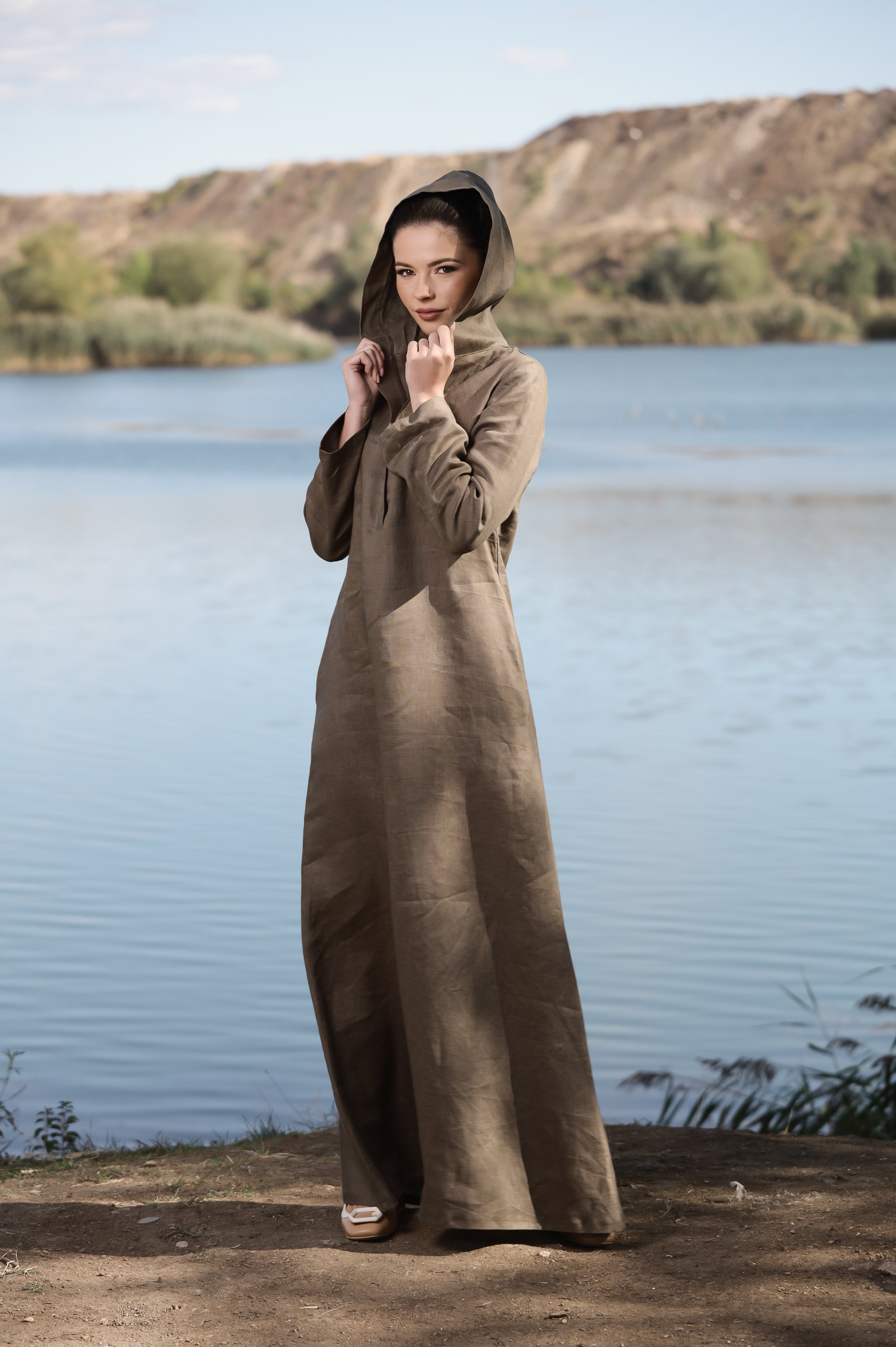 Hooded Linen Maxi Dress – Oversized Brown Linen Dress