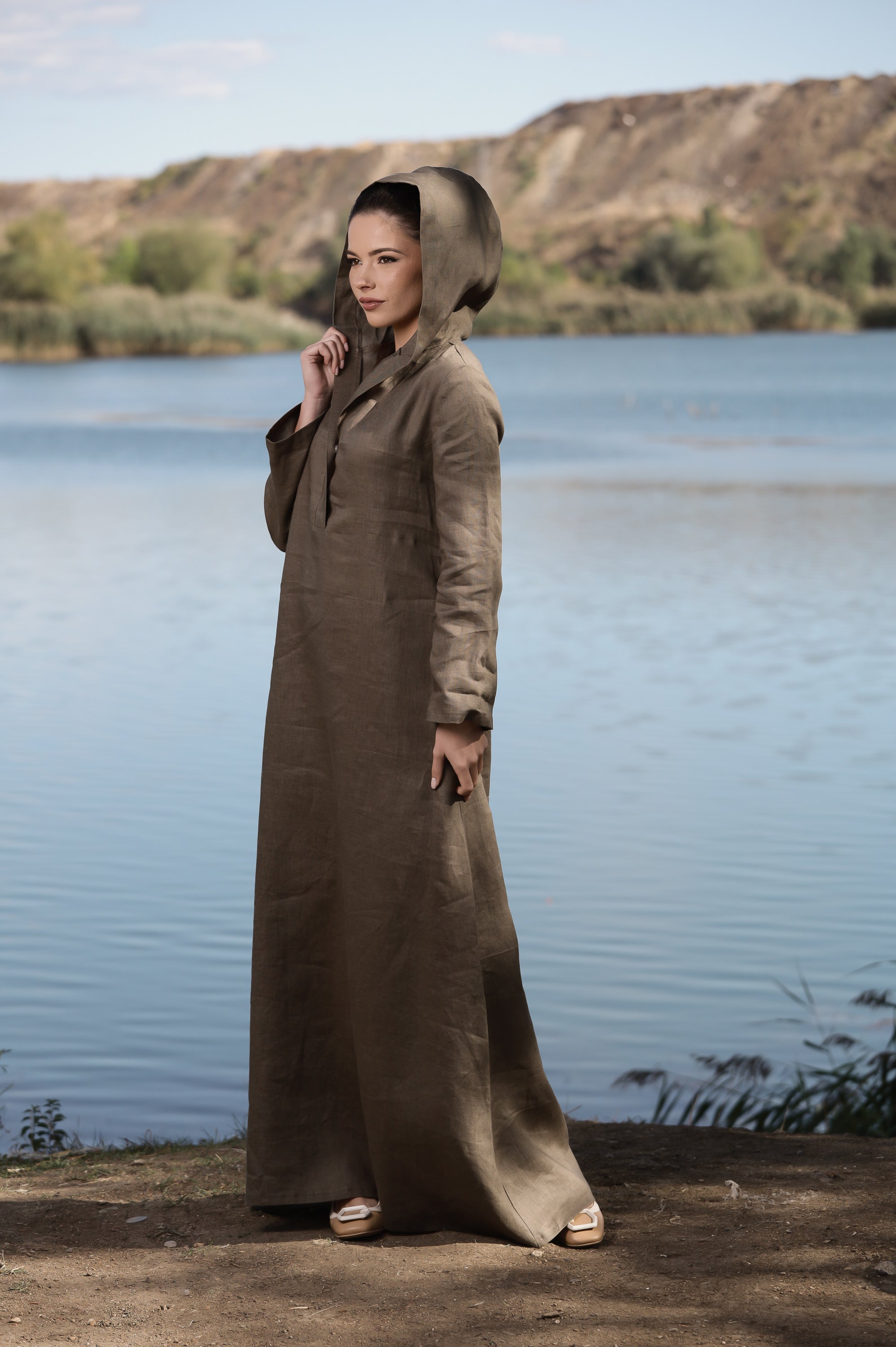 Hooded Linen Maxi Dress – Oversized Brown Linen Dress