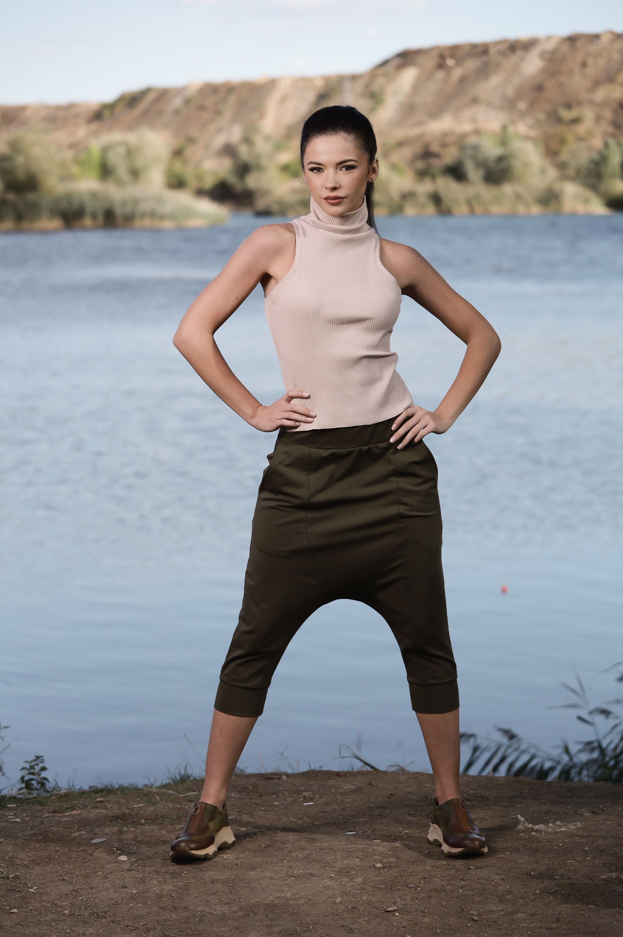 Khaki Drop Crotch Capri Pants – Women’s Harem Trousers
