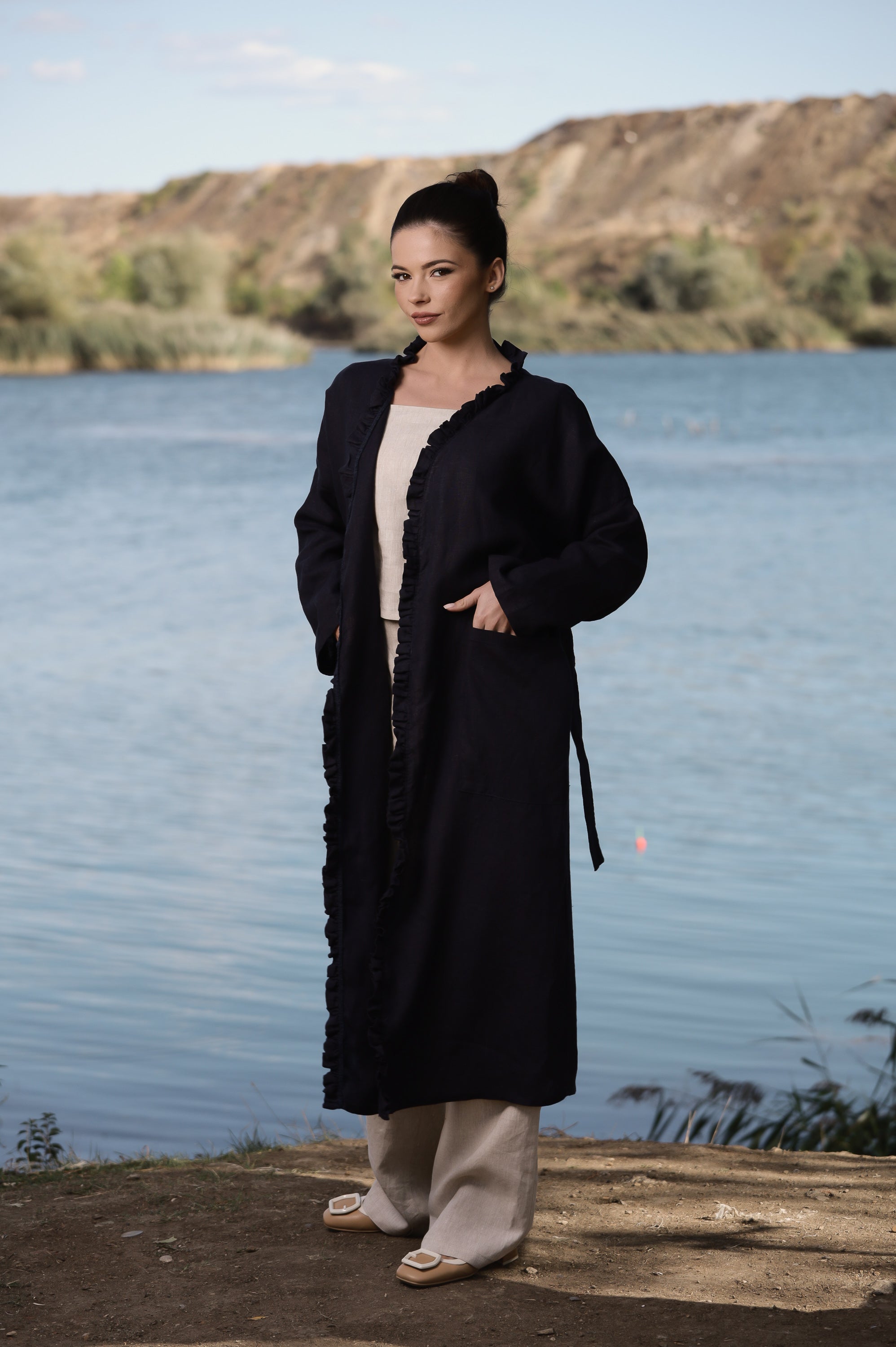 Linen Robe Jacket – Long Lightweight Layer with Belt and Pockets