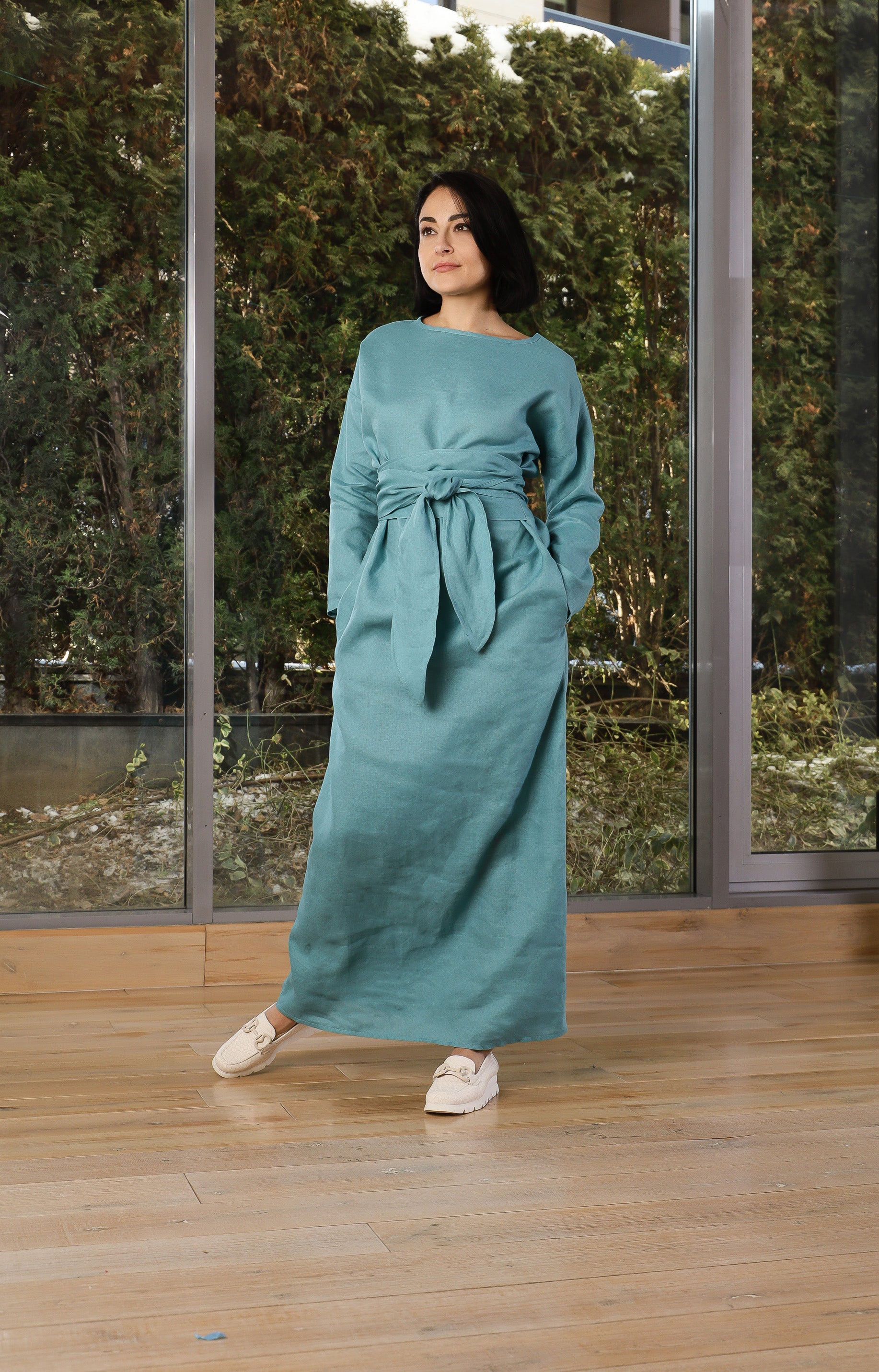 Linen Maxi Dress with Wrap Belt – Relaxed Long Sleeve Dress