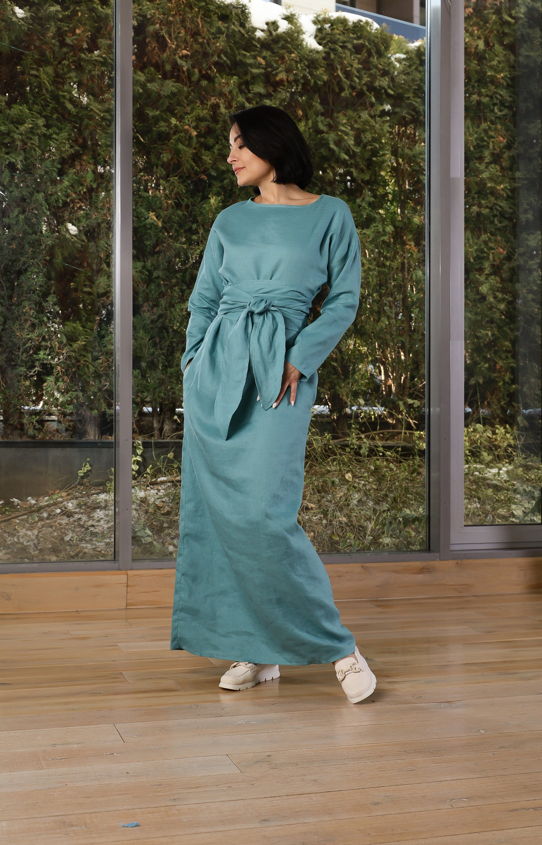 Linen Maxi Dress with Wrap Belt – Relaxed Long Sleeve Dress