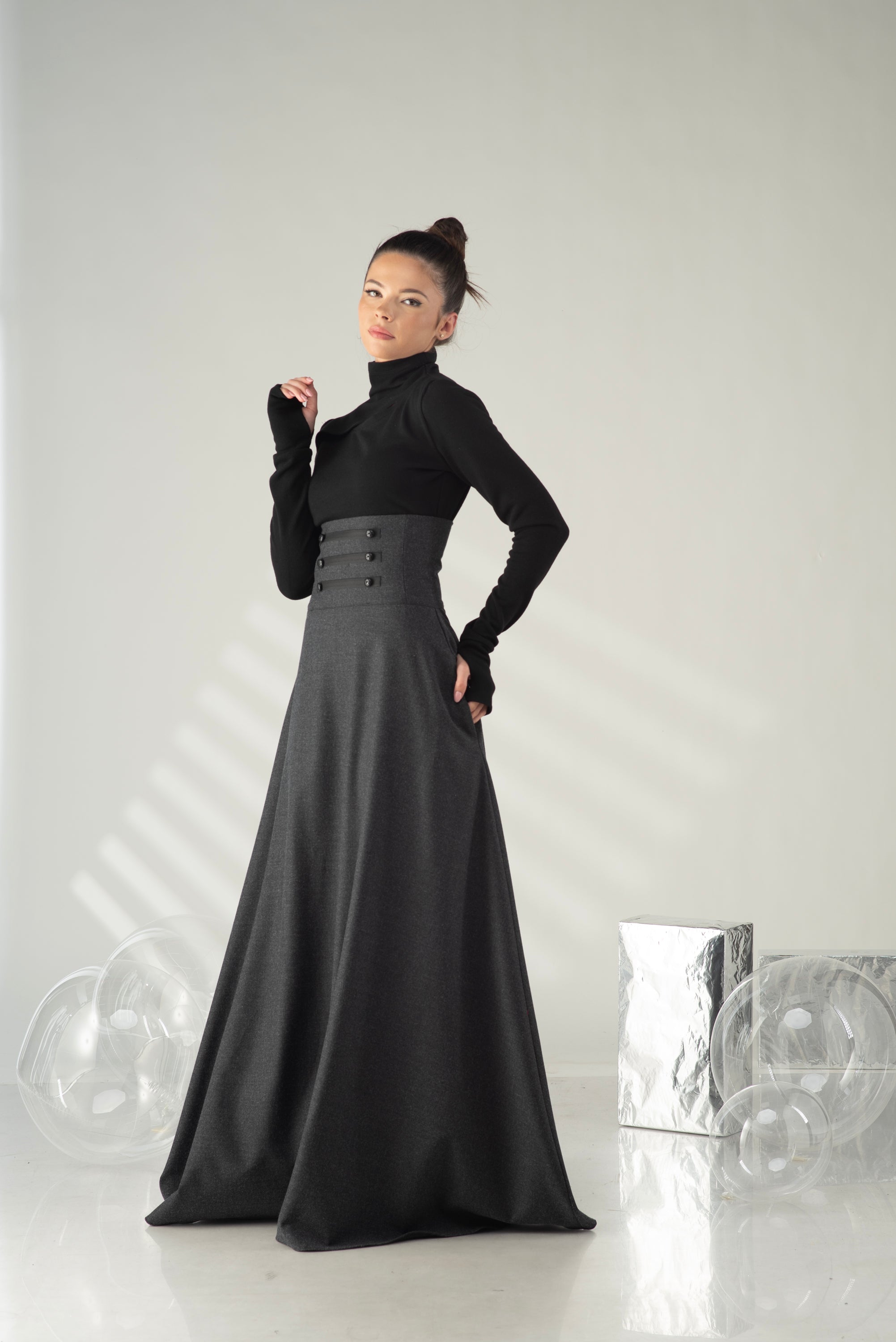 Long A-Line Skirt – Structured High Waist Designer Skirt