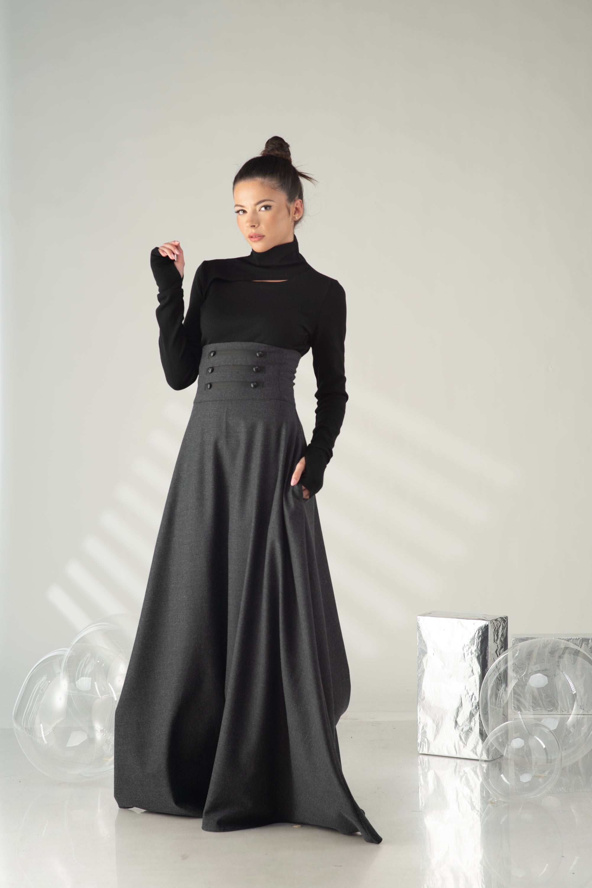 Long A-Line Skirt – Structured High Waist Designer Skirt