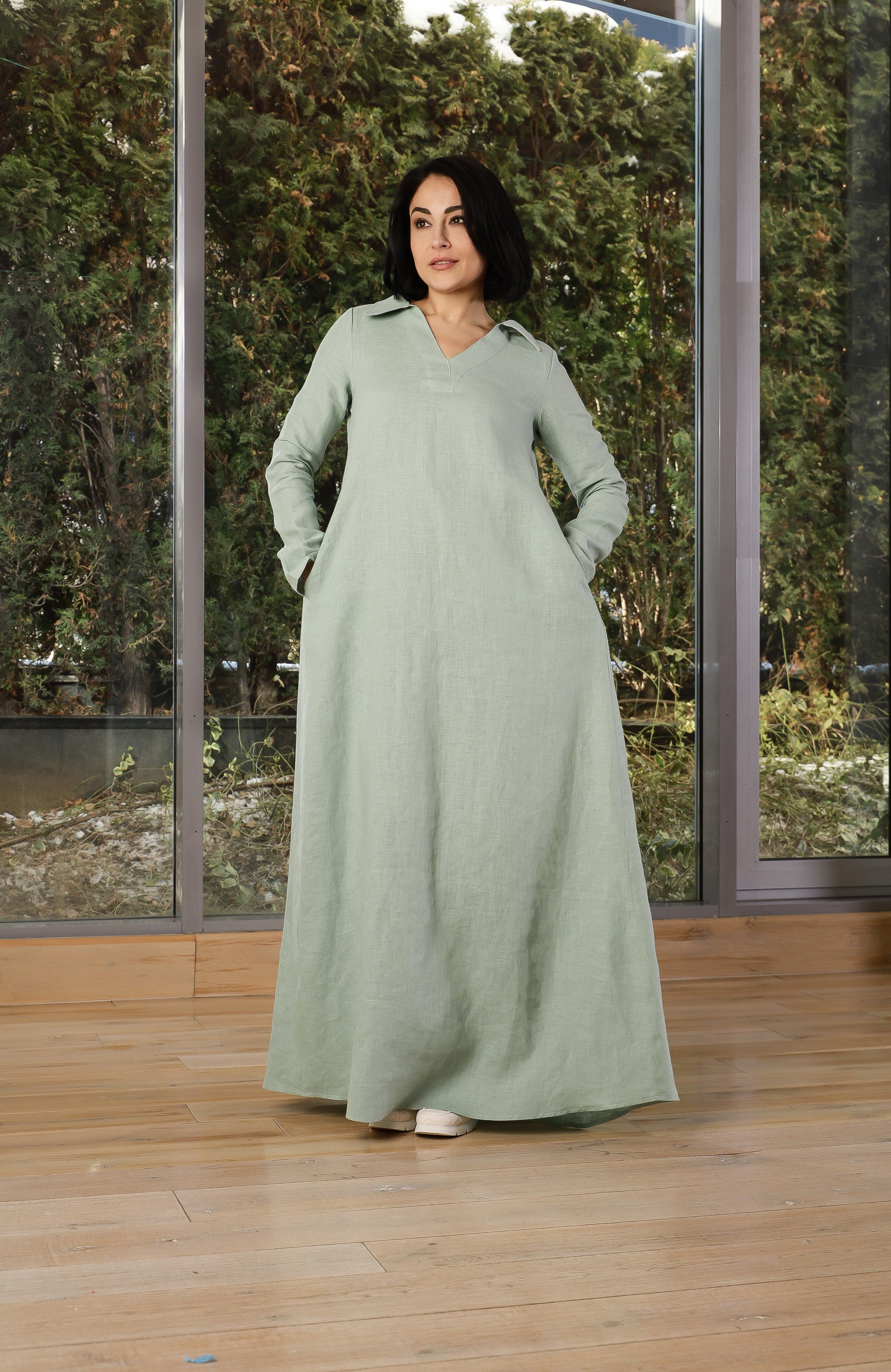Long Linen Dress with Pockets – Relaxed A-Line Dress
