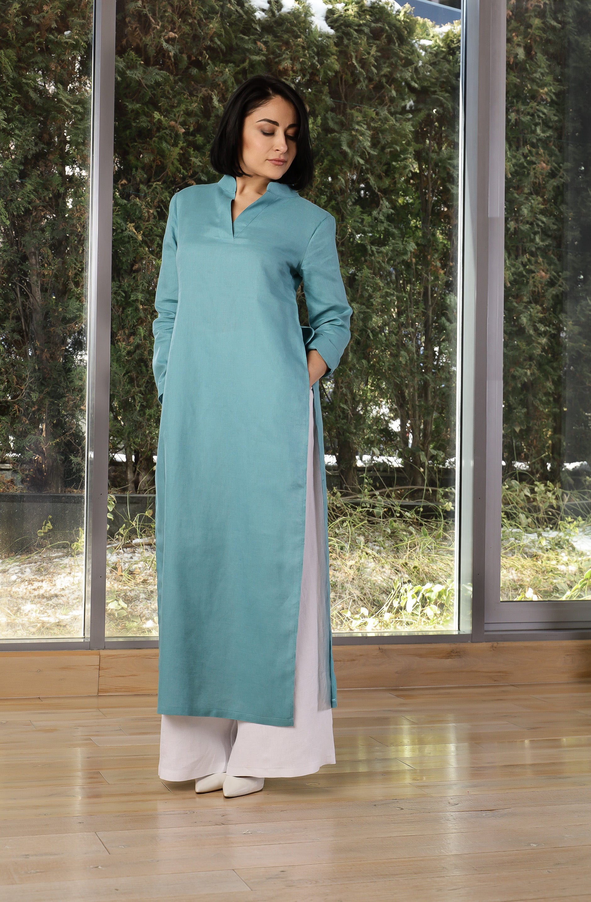 Long Linen Tunic for Women – Minimalist Side Slit Tunic Top