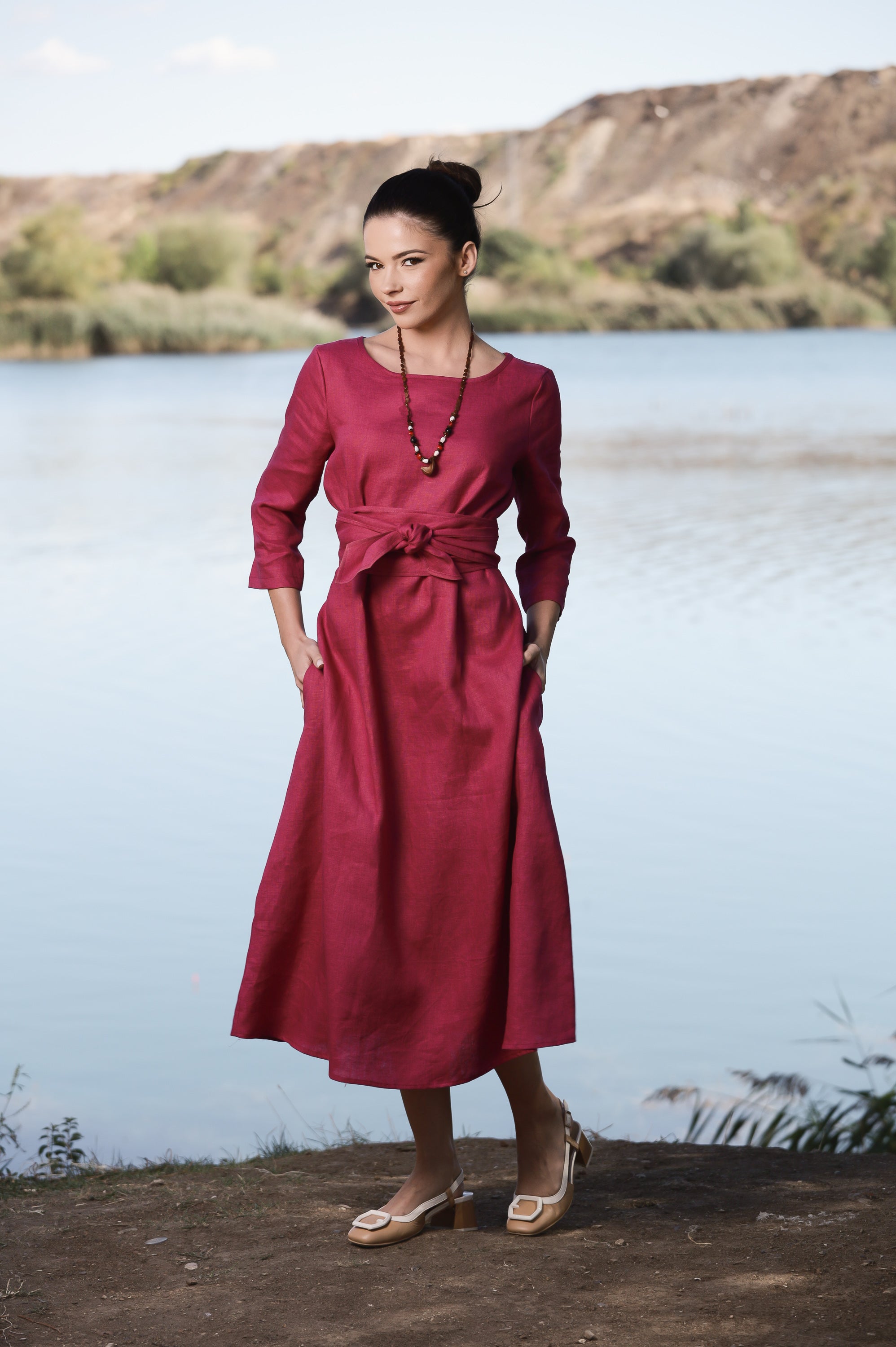 Long Sleeve Maxi Linen Dress with Belt