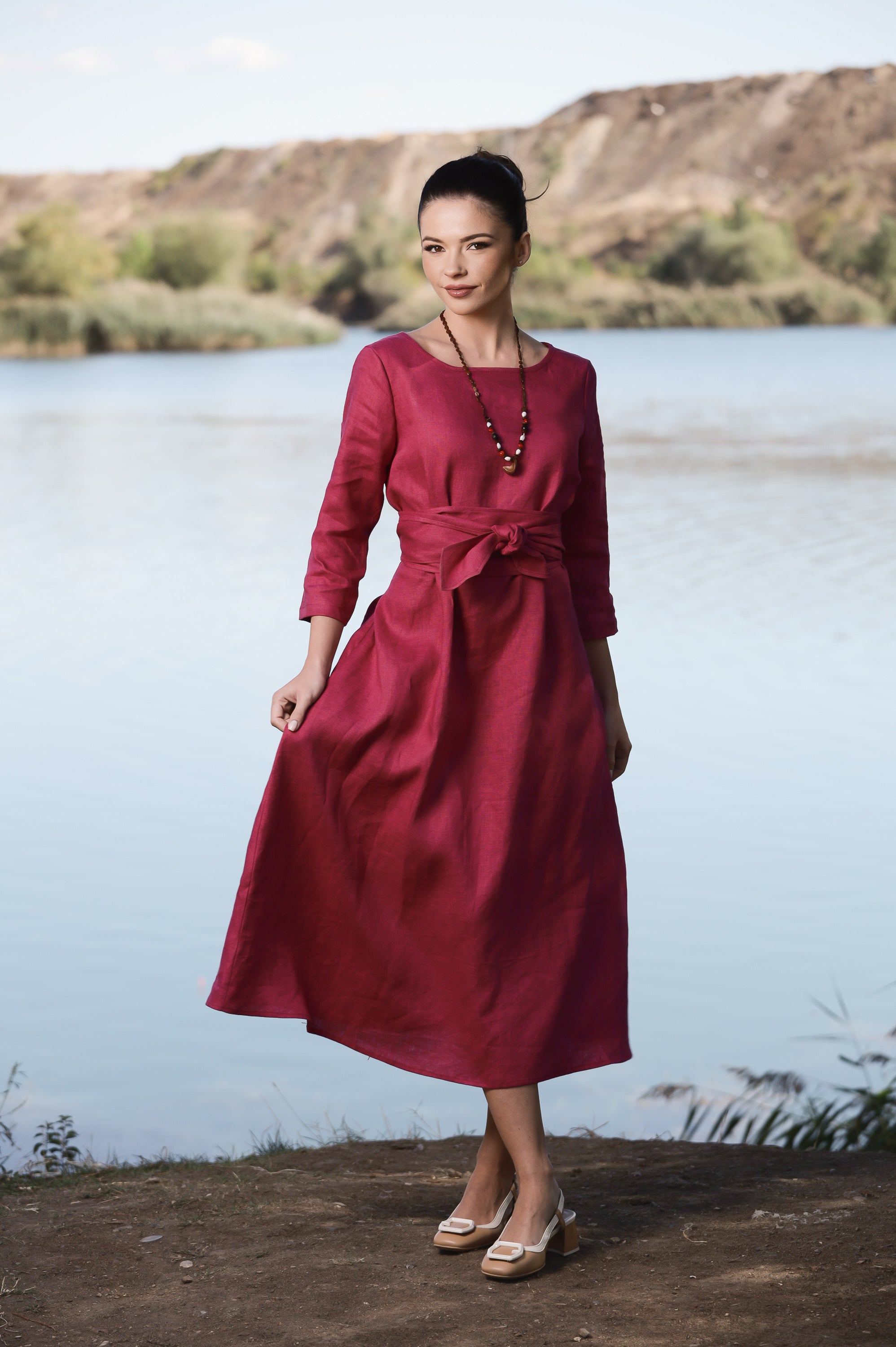 Long Sleeve Maxi Linen Dress with Belt