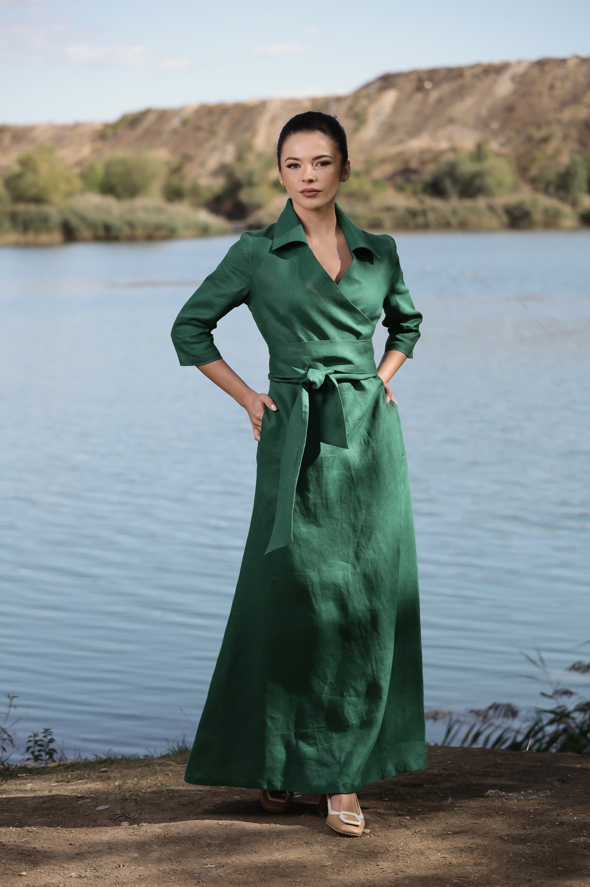Long Wrap Linen Dress for Women in Emerald Green