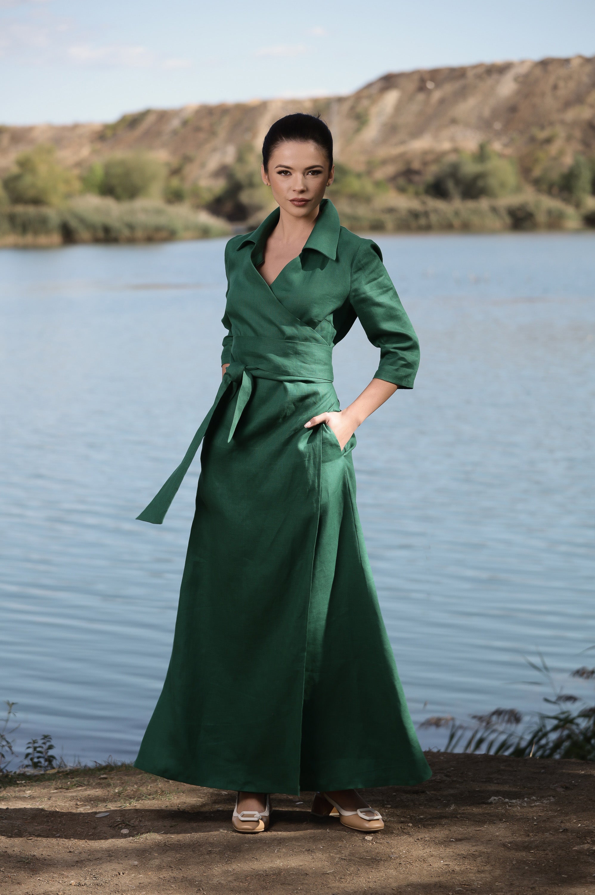 Long Wrap Linen Dress for Women in Emerald Green